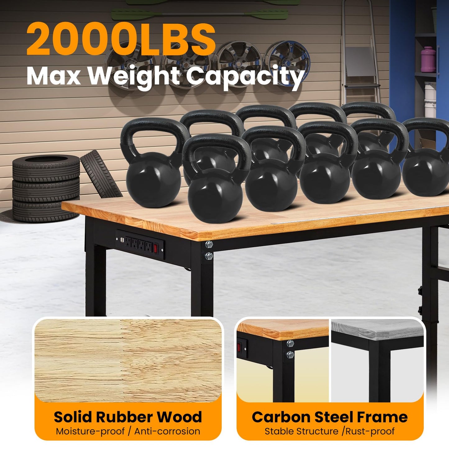 60" Adjustable Workbench with Power Outlet, 2000LBS Capacity Solid Rubber Wood Top & Thickened Steel Legs, 8-Levels Adjustable Heigh Work Table, Easy Assembly for Garage, Workshop, Home
