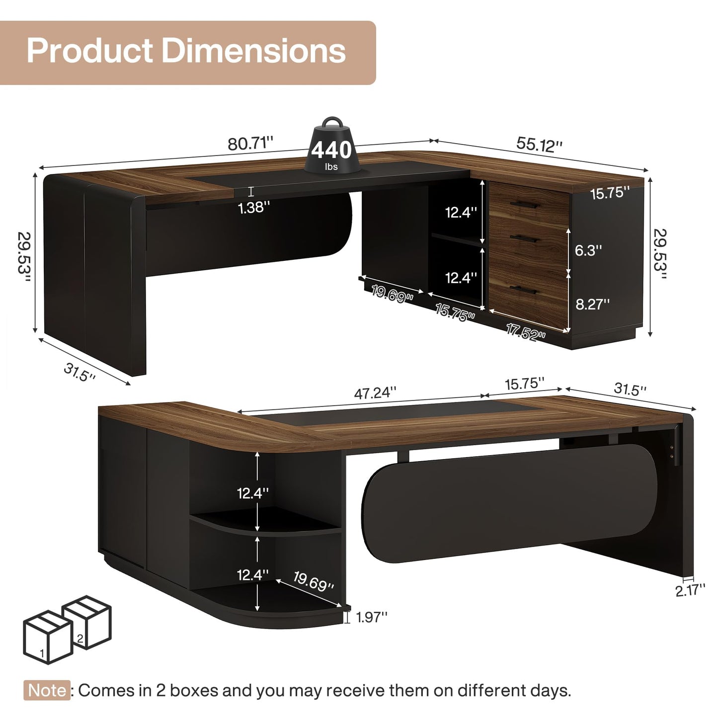 Tribesigns 80'' L-Shaped Desk, Large Executive Office Desk with 55'' Drawers Cabinet, Modern Commercial Office Table with Storage Shelves, Business Furniture for Home Office, Brown & Black
