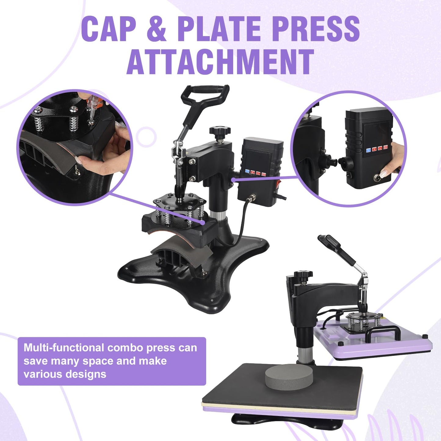 PlanetFlame Heat Press Machine 12x15 Inch, 360° Swing Away 5 in 1 Heat Transfer Machine, Multifunctional Heat Transfer Press Machine with 30OZ Tumbler Attachment for Hat/Plate/T-Shirt/Mug, Purple