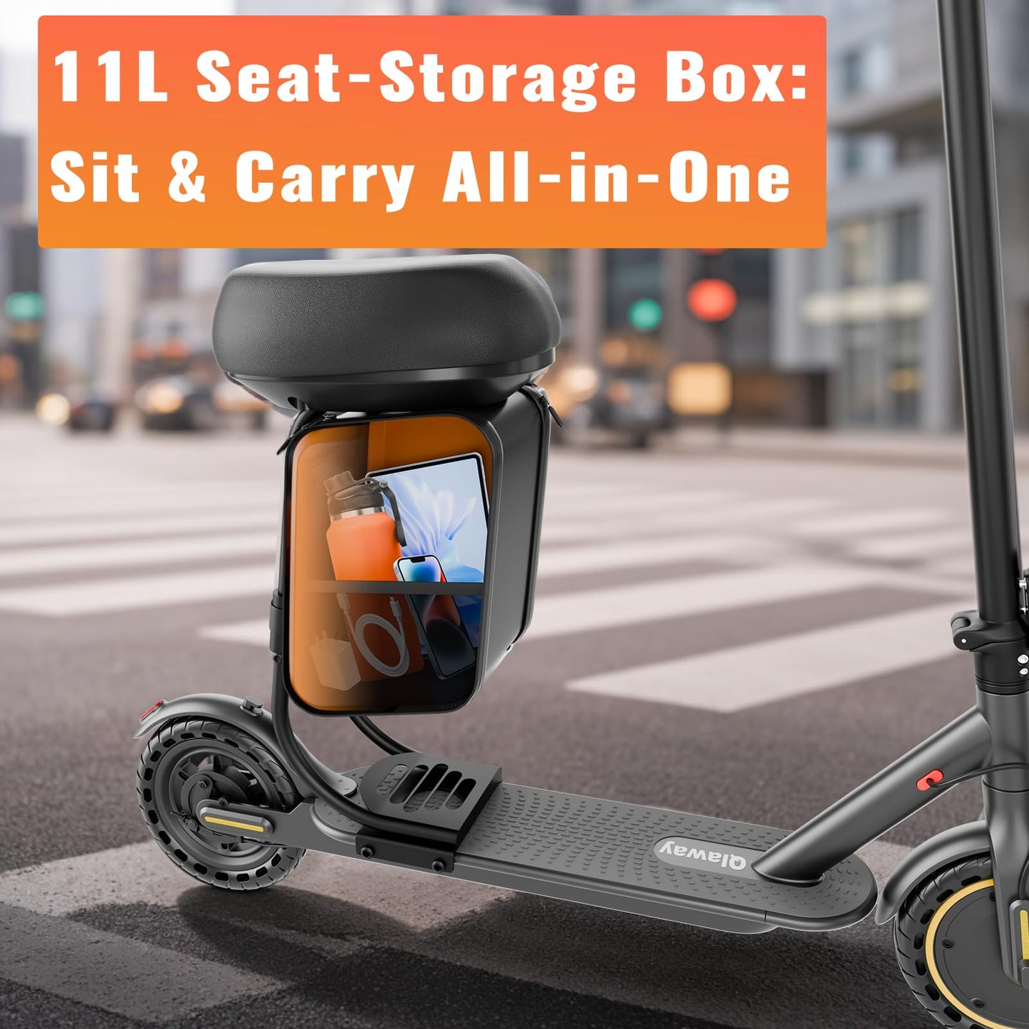 Qlaway Adult Electric Scooter with Seat - 350W Motor, 8.5" Solid Tires, Max Speed 19 MPH and 22 Miles Long-Range Portable Portable E-Scooter(Double Braking System & App)