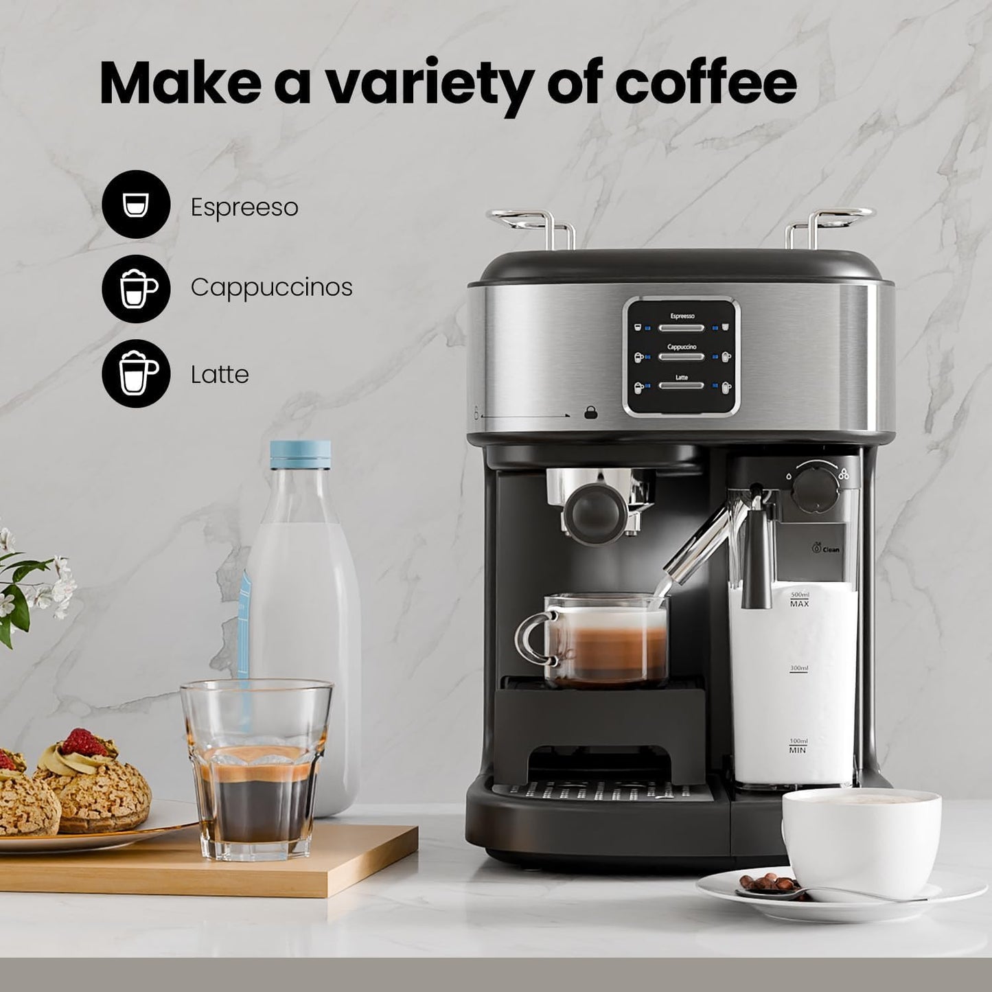 Electactic 20 Bar Professional Compact Espresso Cappuccino Machine with Auto Milk Frother, Stainless Steel Coffee Maker for Cappuccino, Latte