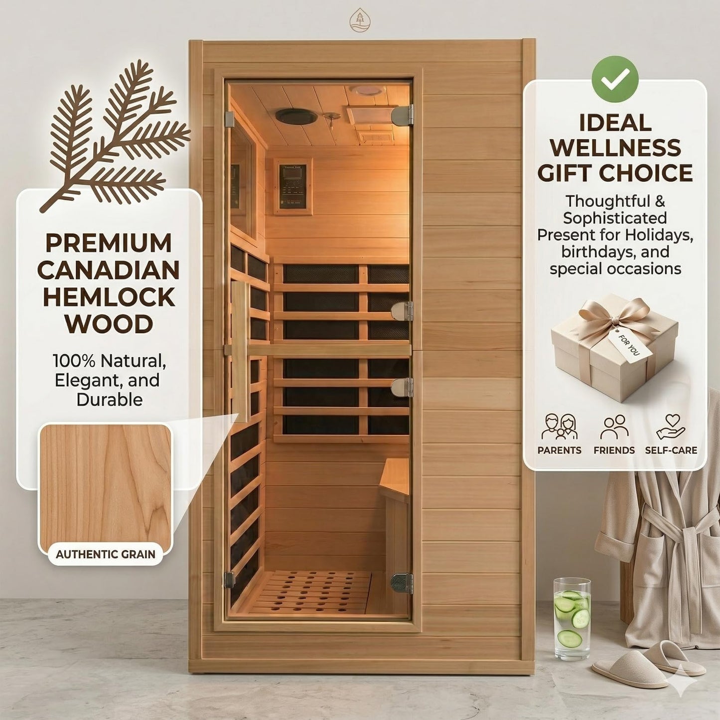 1-Person Indoor Far Infrared Sauna - Canadian Hemlock, 5 Heat Panels, 7-Color Lights, Bluetooth, Oxygen Bar, 110V/1200W, Snap Buckle Easy Assembly, 104-140°F, Ideal Wellness Gift for Home Spa