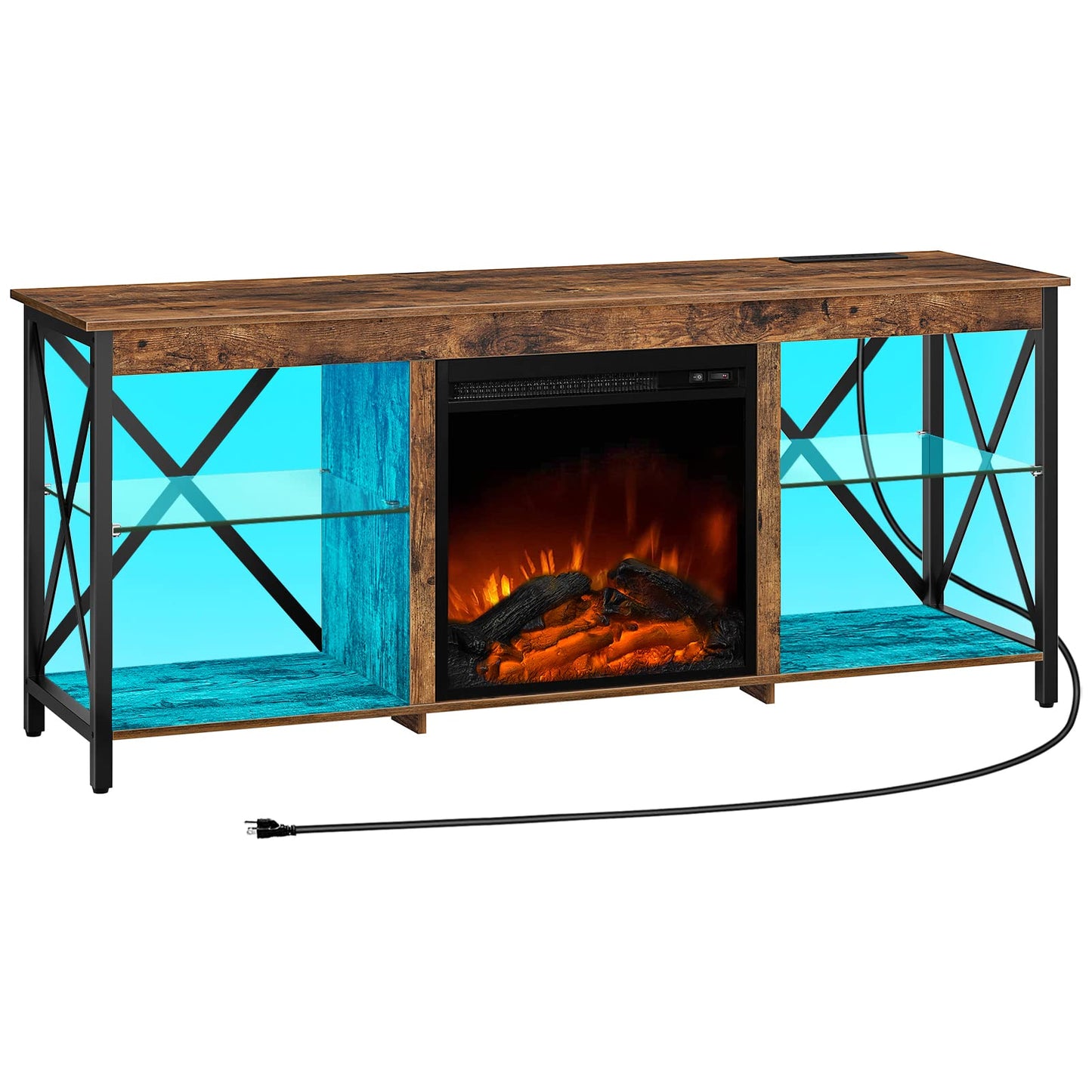 HOOBRO Fireplace TV Stand with Charging Station and LED Lights, TV Stand with Fireplace for TVs up to 65", Entertainment Center with Fireplace, Glass Shelves, Rustic Brown and Black BF140UDDS01