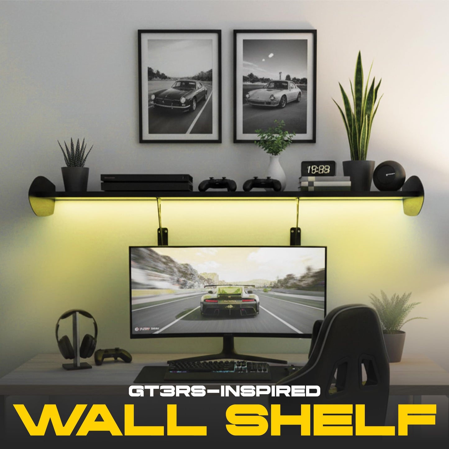 GT3RS Wall Mounted Shelf – Garage Shelving & Man Cave Decor for Car Enthusiasts, Display Shelf for Game Room Decor (White on Black)