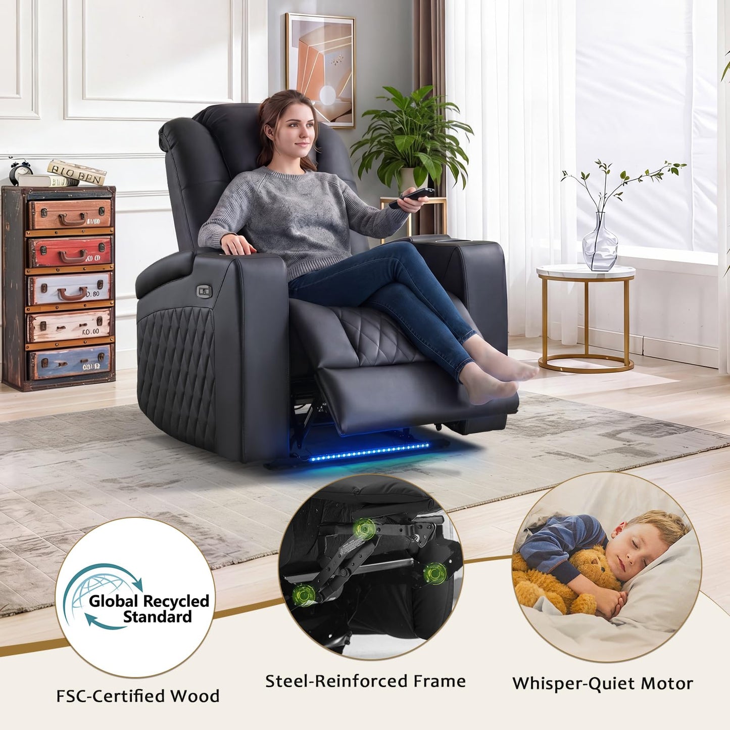 ANJ Home Theater Seating Power Recliner with Hidden Arm Storage, Faux Leather Recliners with LED Light, Electric Movie Reclining Chairs with USB Ports & Cup Holders for Media Living Room, Black