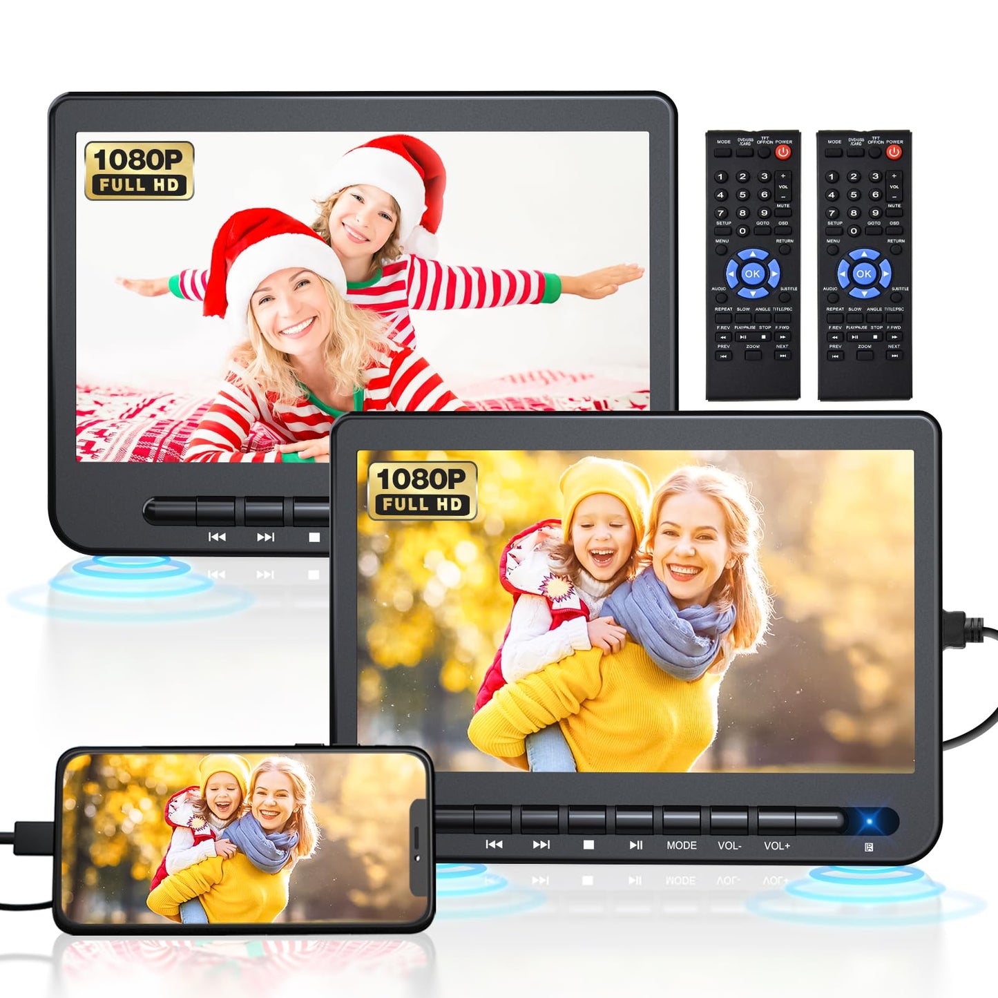 DESOBRY 10" Dual Portable DVD Player for Car, Car DVD Player Dual Screen with 1080P HD Screen, Headrest Travel System with HDMI Input, AV Out with Mount Brackets and Straps