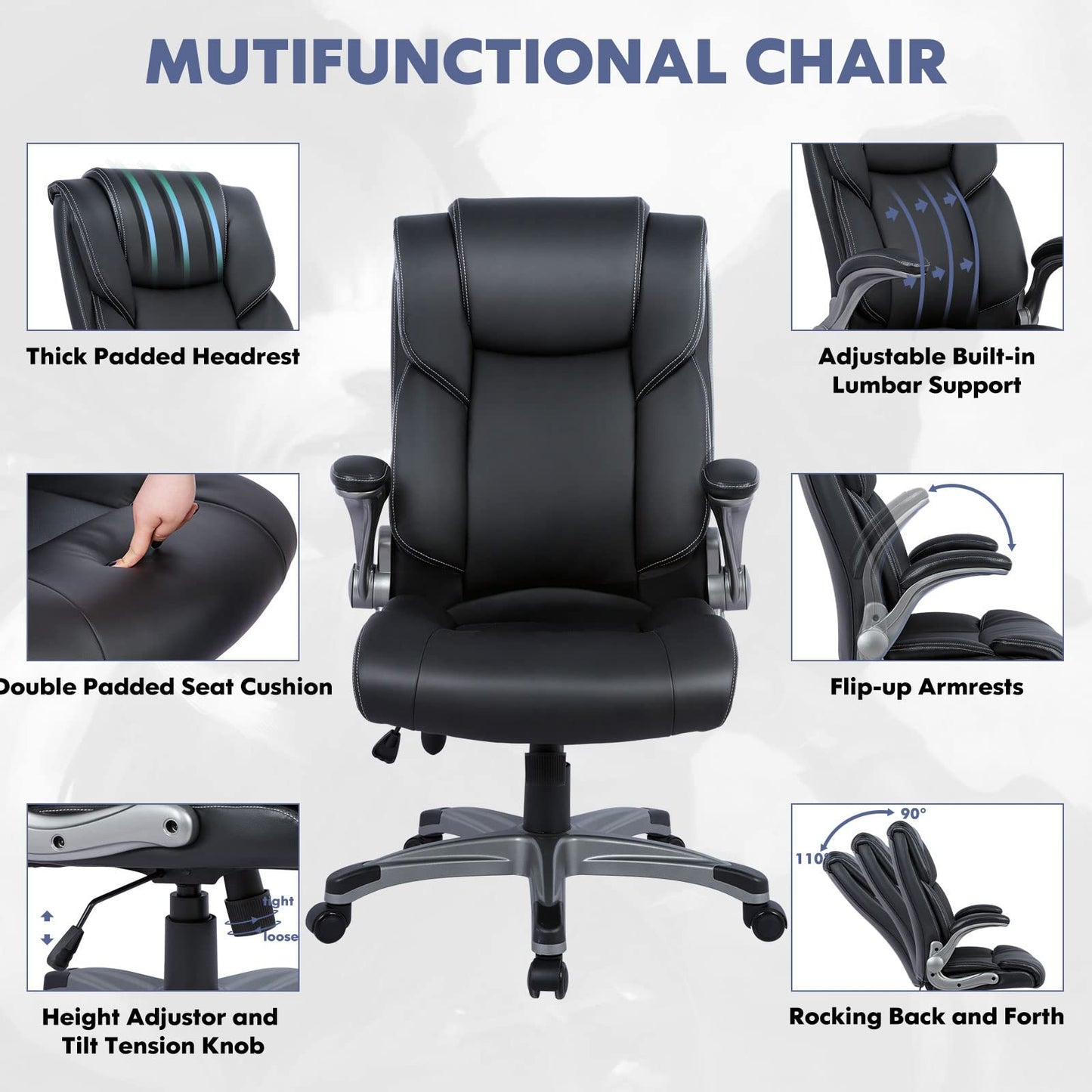 COLAMY High Back Executive Office Chair,Leather Desk Chair with Flip-Up Arms, Adjustable Lumbar Support, Synchro Tilt & Rocking Function, Rolling Swivel Computer Chair for Home & Office, Black