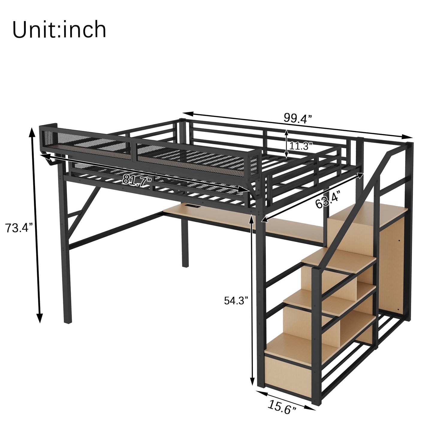 KEIKI Queen Size Metal Loft Bed Frame with Desk, Staircase, Built-in Storage Shelves and Wardrobe, Modern Loft Bed with Solid Slat, Guardrail, No Box Spring Required, Easy Assembly, for Bedroom, Black