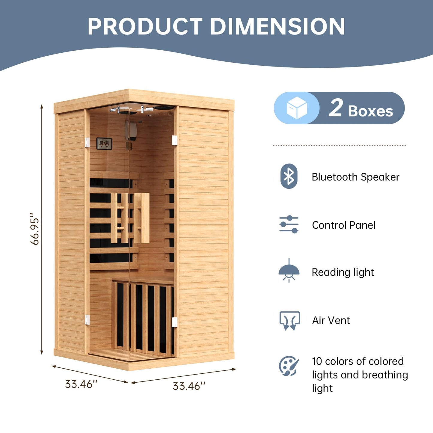 Infrared Sauna for Home, Sauna Spa Room Canadian Hemlock Wood with 10-Color Light , Bluetooth Speakers, Tempered Glass & Control Panel - 149℉ Heating, Indoor Dry & Steam Sauna – 33.5" x 33.5" x 67"
