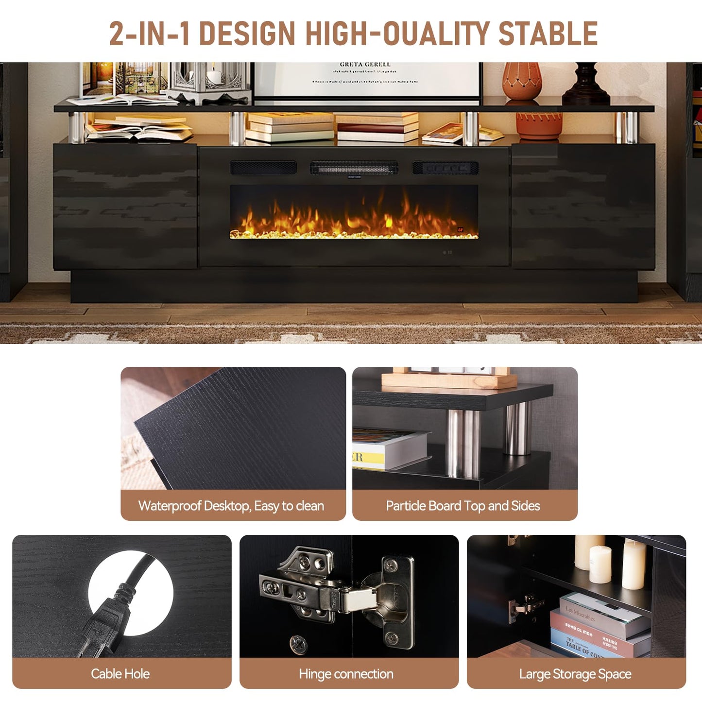 MXV 80" Fireplace TV Stand, Modern Entertainment Center & 36 Inch Electric Fireplace, Remote Control, LED Light, Fire Place Tv Stand for Living Room for TVs up to 90", Black + Black