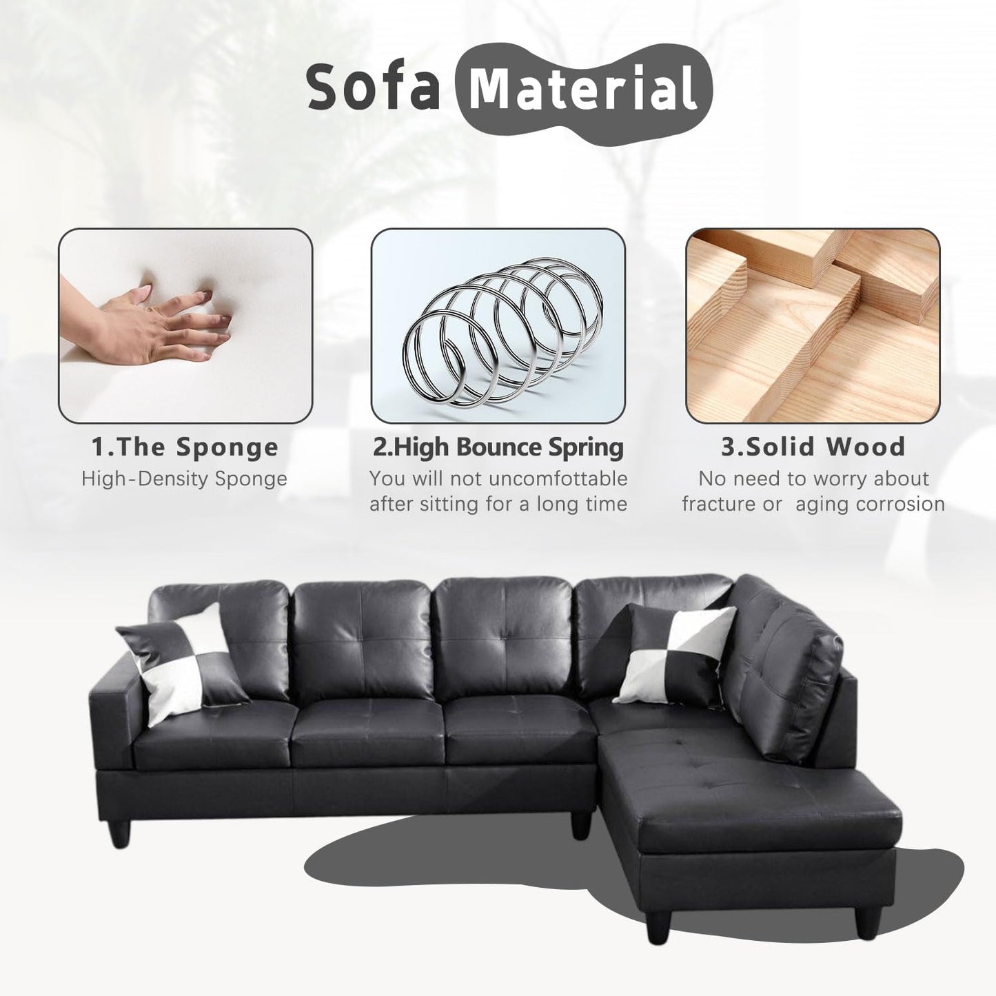 UOCFYK Black L-Shaped 3-Piece Faux Leather Sofa with Storage Ottoman Set, Sectional Couch Leather-Like Sofa Set for Living Room, Office, Small Space
