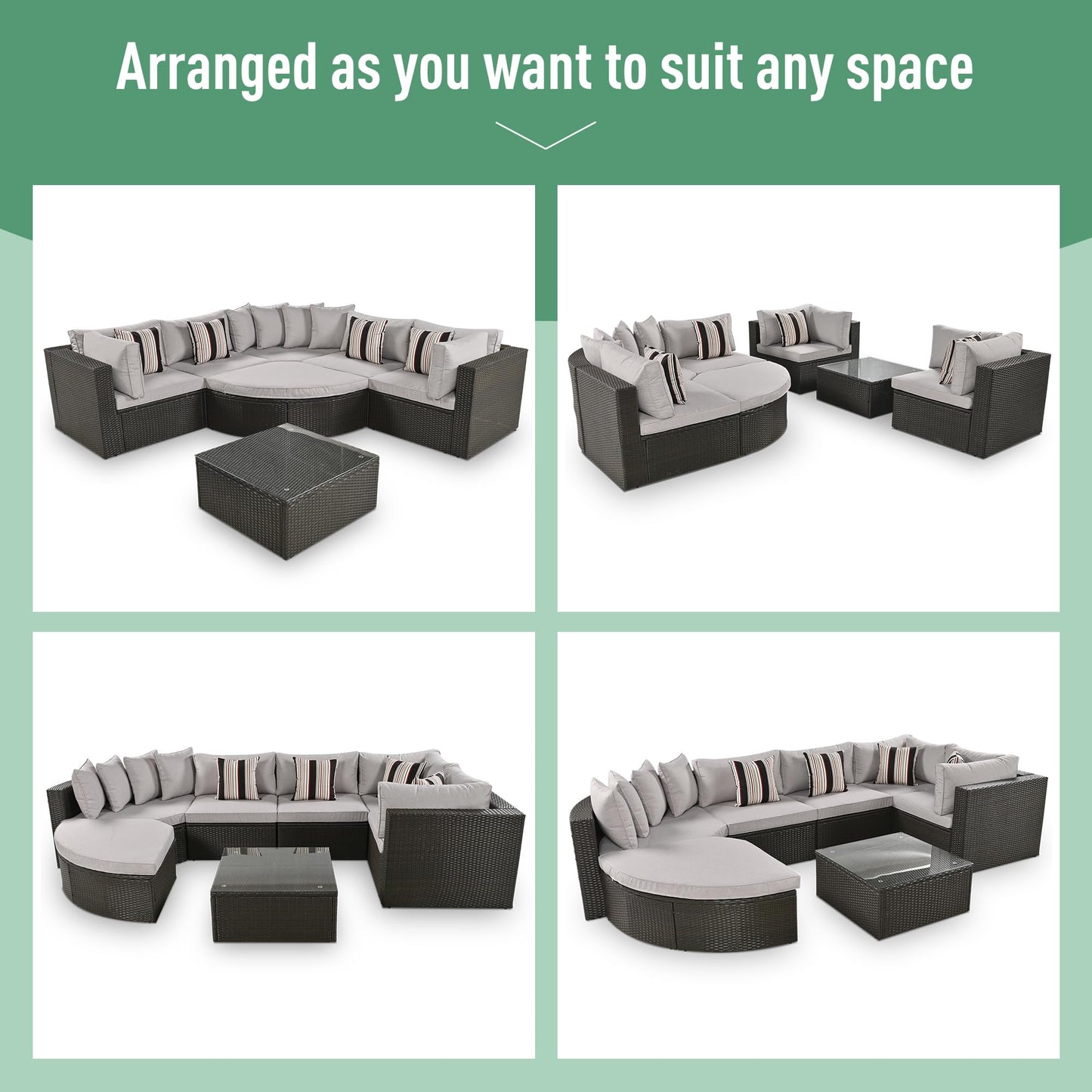 Merax 7 Pieces Outdoor Patio Furniture, 6 Seat Wicker Sectional Lounger Sofa Chair Set with Table, All Weather Rattan Conversation Sleeper Couch Bed Sets for Garden Poolside, Cushions & Pillows, Grey