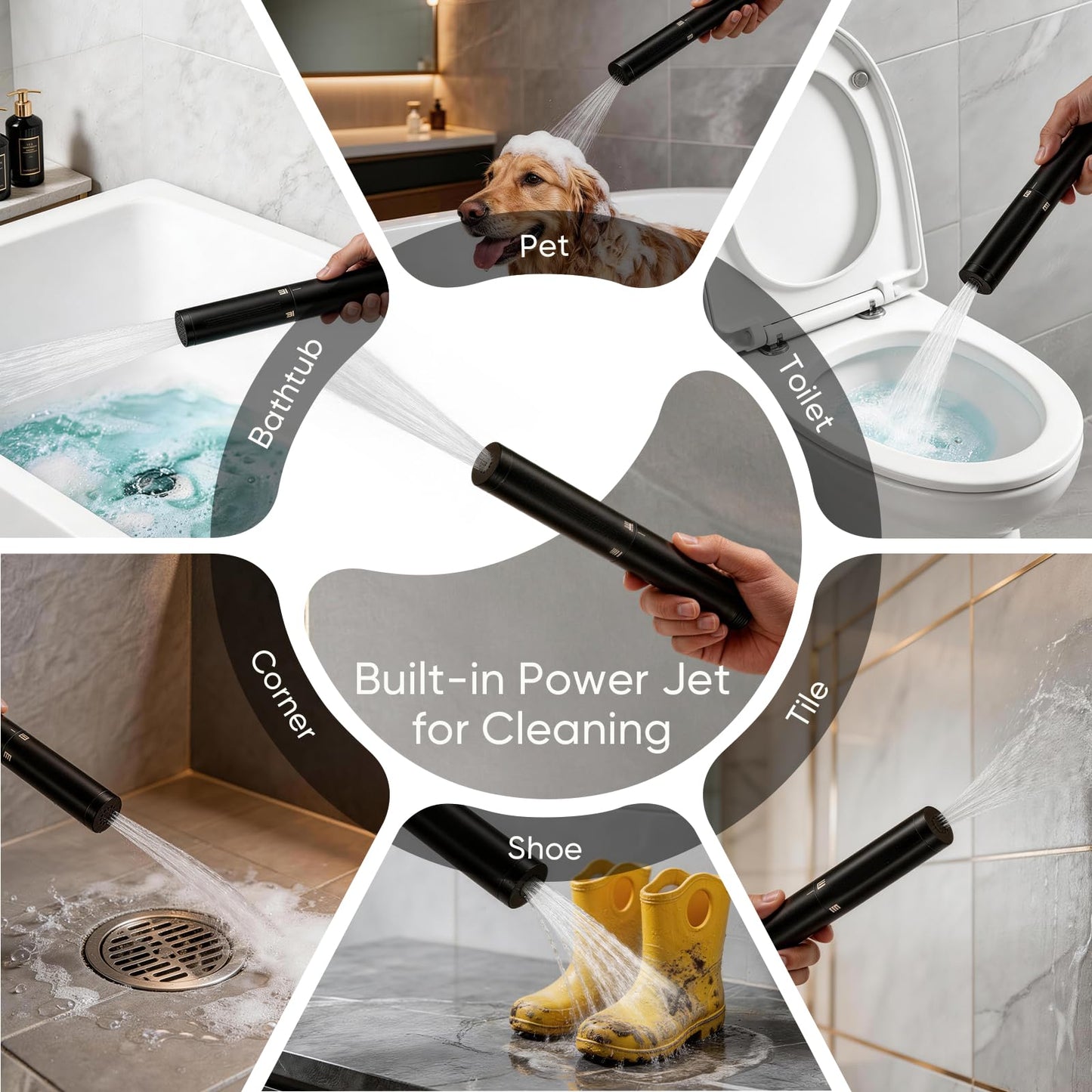 BESy Shower Faucet Set 10 Inch Round Ceiling Mount Rainfall Shower System with 6 Inch Wall Mount Dual Rain Shower Head Push Button Diverter with 2 in 1 Handheld Showerhead for Bathroom Matte Black