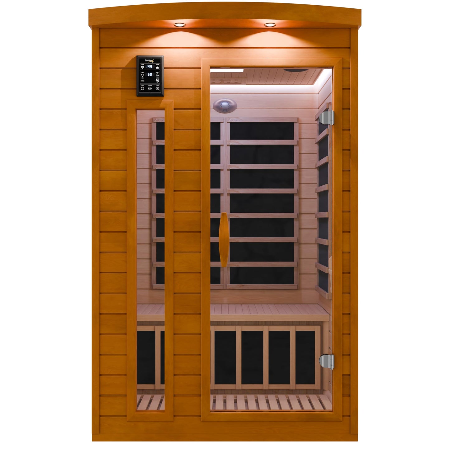 SaunaSpa Indoor 2-Person Infrared Sauna Room | Canadian Hemlock Wood Cabin Sauna with Low EMF Infrared Heating Panels, Bluetooth Audio, Tempered Glass Door, and Backrest with Chromotherapy Lighting