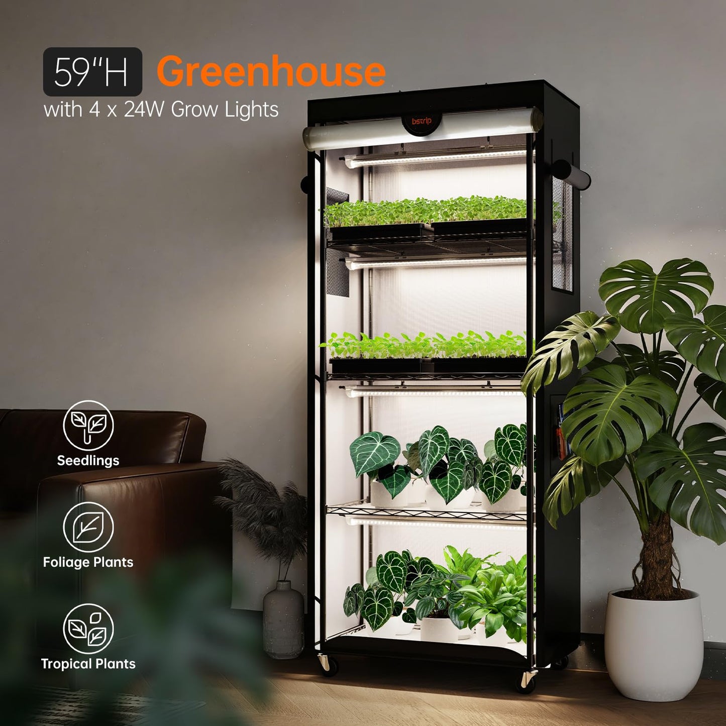 Bstrip Indoor Greenhouse with Grow Light, 4 Tier Plant Shelf with Oxford Fabric Grow Tent & Timer for Indoor Plant, Mini Greenhouse for Spring Seed Starting, Vegetables, Plant Growth, 23.6"x13.8"x59"