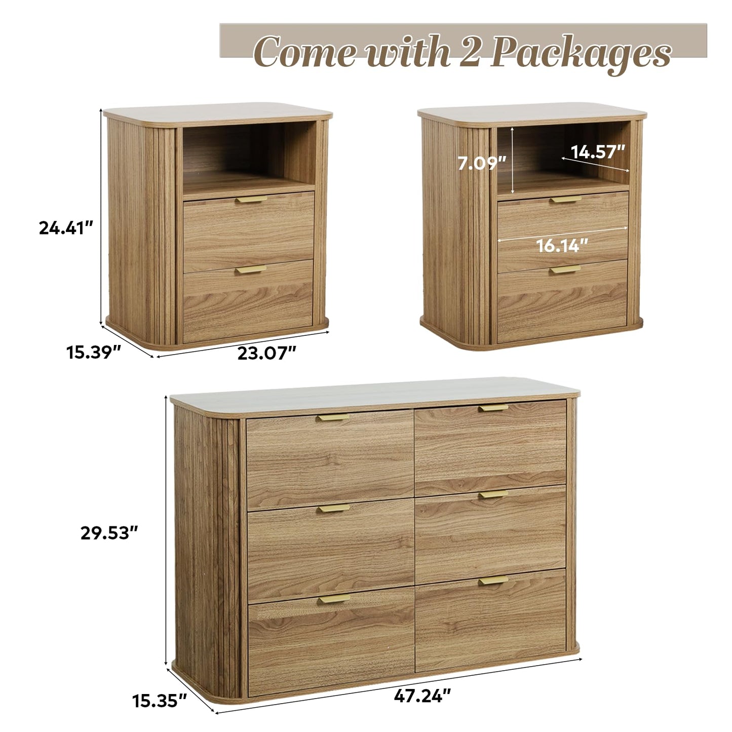 SOARMOTE 3-Piece Bedroom Furniture Set, Modern Fluted 6 Drawer Dresser & 2-Drawer Nightstands,Mid-Century Wood Storage Cabinet Set n for Bedroom, Hallway (Walnut)