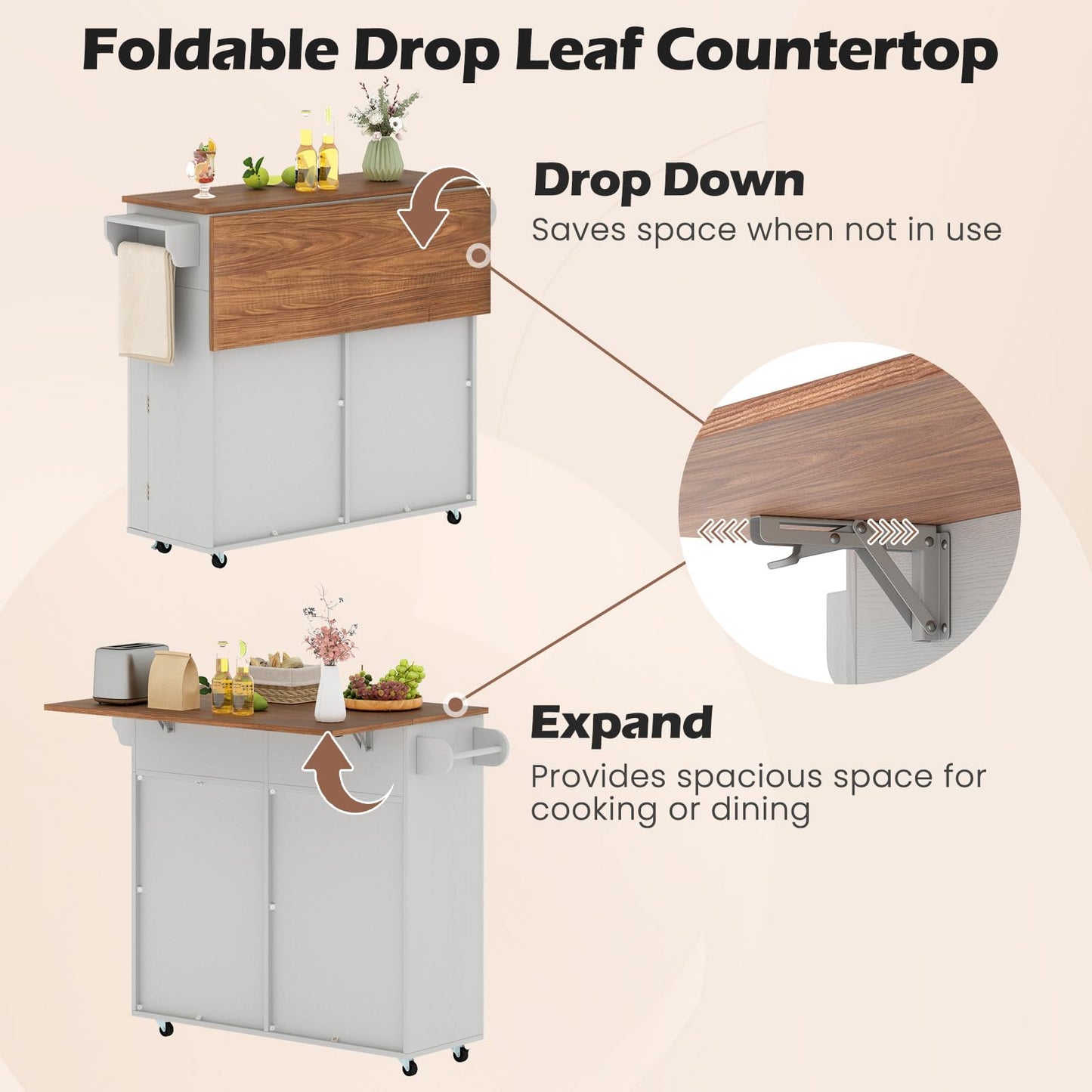 Giantex Kitchen Island Cart with Hidden Tilt Out Trash Can Cabinet, Drop Leaf, 2 Drawers, Towel Rack, Rolling Mobile Breakfast Bar Table, Wood Kitchen Storage Cart on Wheels (Grey & Natural)