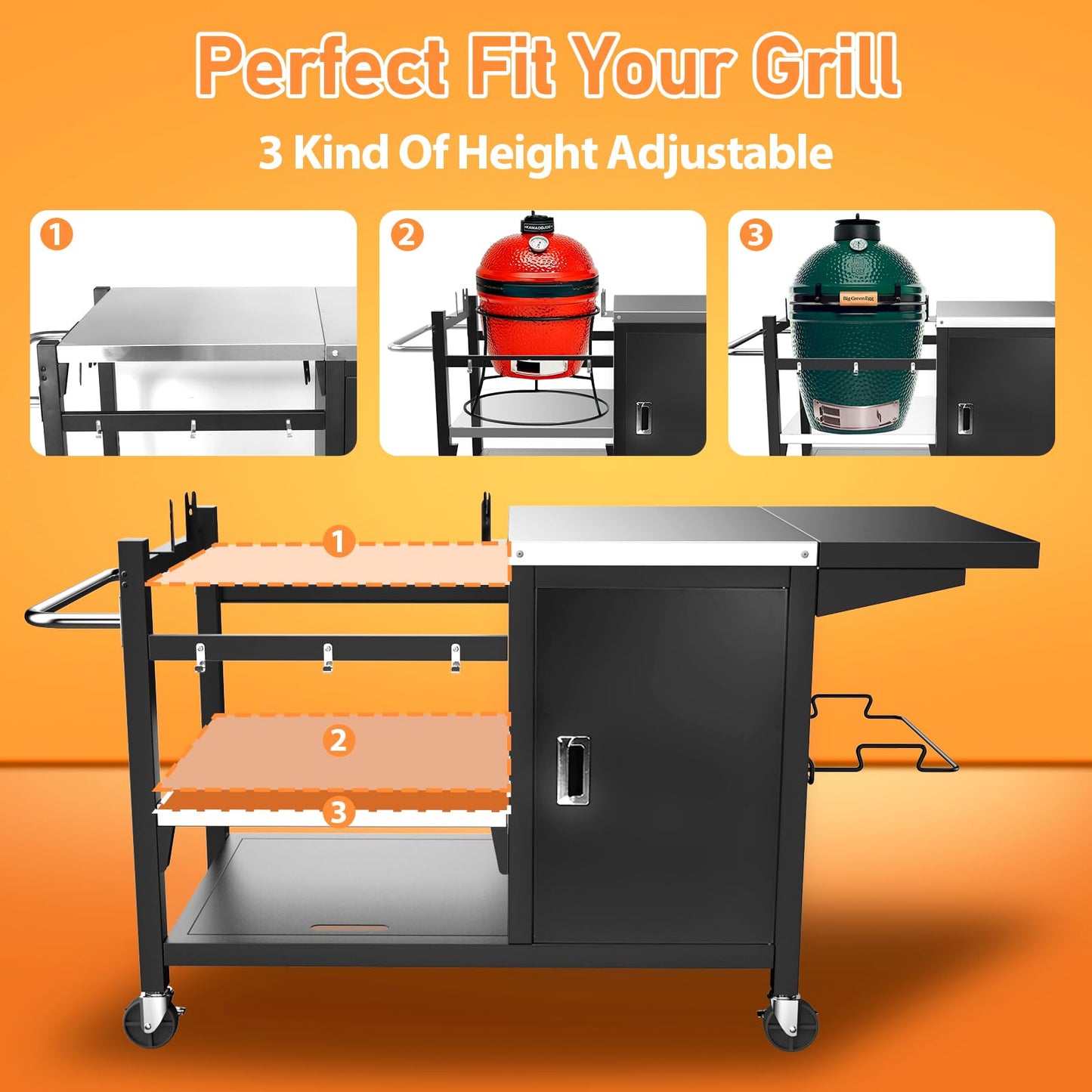 Utheer Grill Table Cart for Weber Kettle 22" Charcoal Grill, Big Green Egg, AKORN Jr – Oversized 47.7"x32.2" Surface (30% Larger) with 3-Level Adjustable Shelf, Storage Cabinet, Hooks & Towel Holder