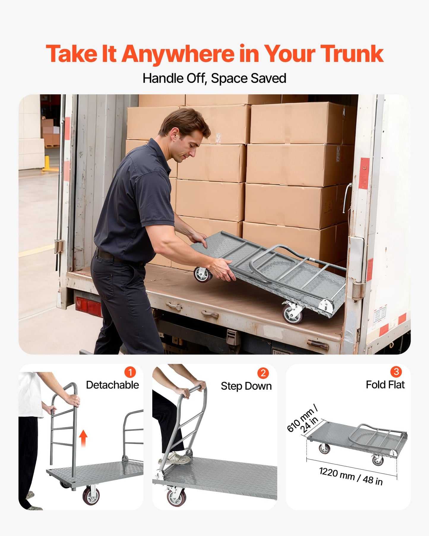 VEVOR 2 in 1Platform Truck, 2650 LBS Heavy Duty Flatbed Cart Dolly with Detachable Rear Guardrail and Swivel Wheels, Foldable Hand Push Truck Cart for Groceries, Garage, Warehouse (48"×24")