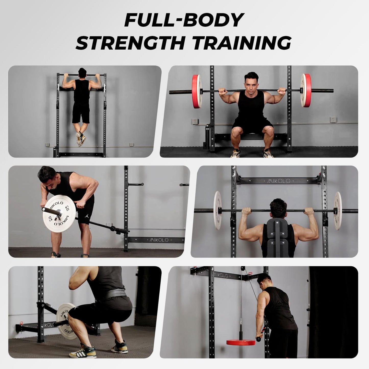Mikolo 2" x 2" Folding Wall Mounted Squat Rack, 1000 Pounds Capacity Power Rack with Safety Catches, Pull Up Bar, J Hooks and Landmine Attachment, Space-Saving Home Gym(Black