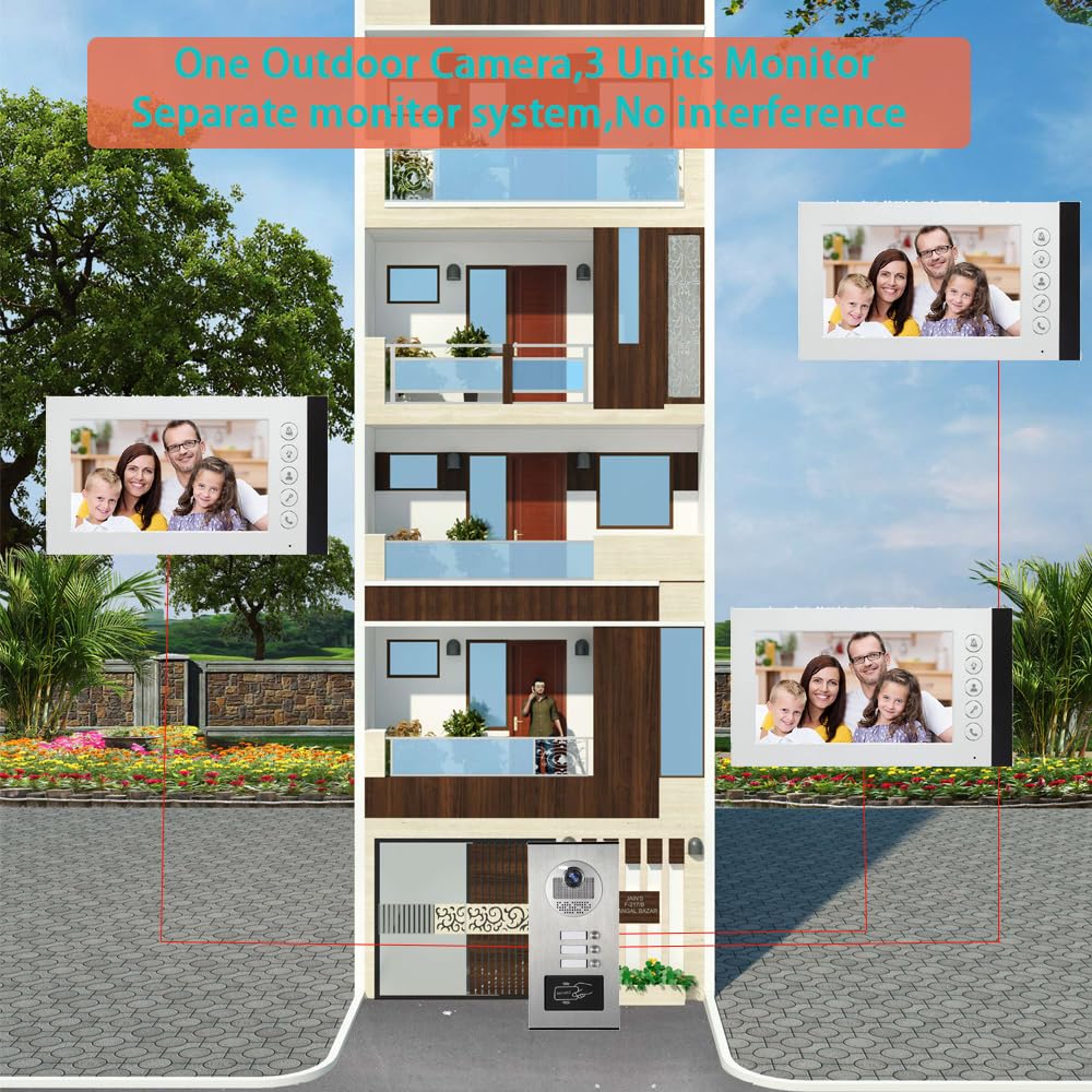 ANJIELO SMART Wired Video Multifamily Apartment Intercom System,2/3/4/6/8/10/12 Units 7 inch Monitor Video Door Phone Kit,Video Doorbell, ID Card Unlock, 2 Way Audio for Home (1 doorbell + 3 Monitor)