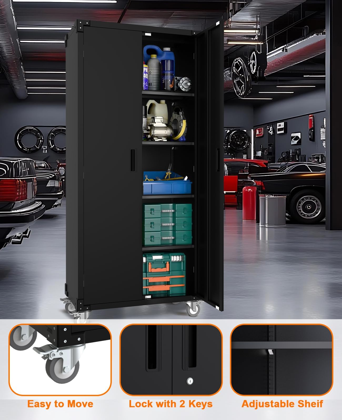 MilleLoom 71" Tall Locking Metal Storage Cabinet on Wheels, Tall 2 Door Tool Cabinet, 4 Adjustable Shelves, Storage Cabinet for Pantry, Garage Home Office Utility Room Storage, Black