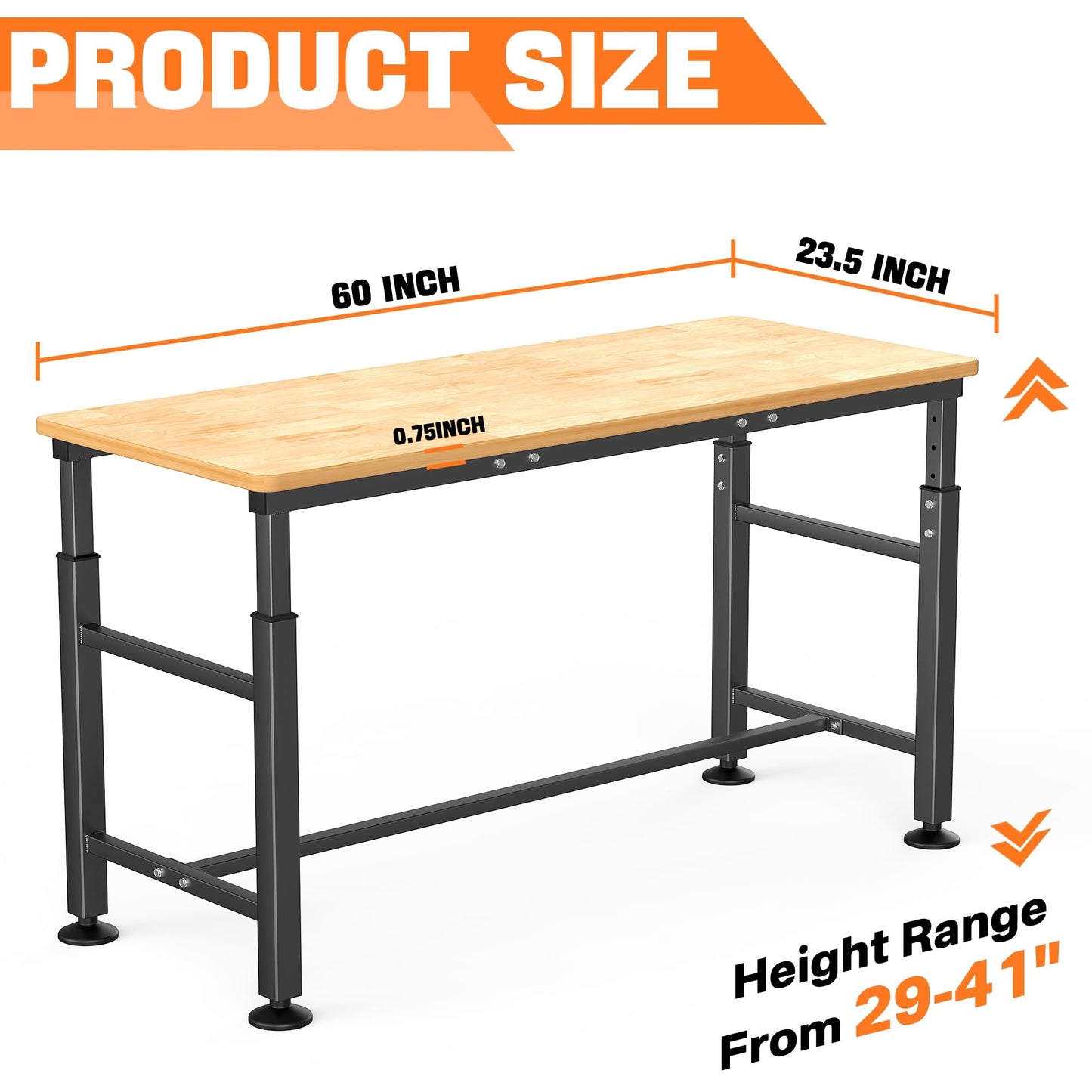 TORACK Adjustable Workbench with Rubberwood Top, 60" x 23.5" Heavy-Duty Garage Work Table, Height Adjustable 29"–41", Supports Up to 2000 lbs