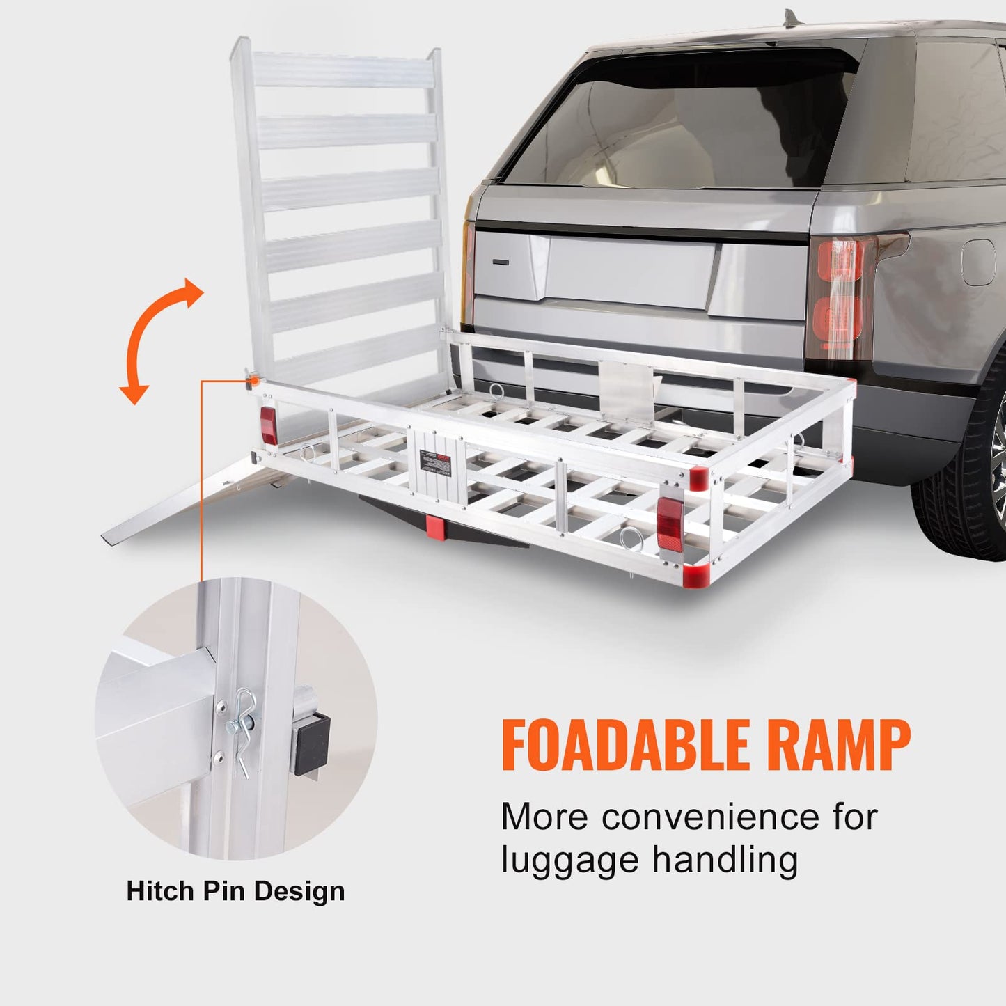 VEVOR 50 x 29.5 x 8.7 inch Hitch Cargo Carrier, 500lbs Capacity Trailer Hitch Mounted Cargo Basket, Aluminum Luggage Carrier Rack with Folding Ramp, Fits 2" Receiver for SUV Truck Pickup Camping