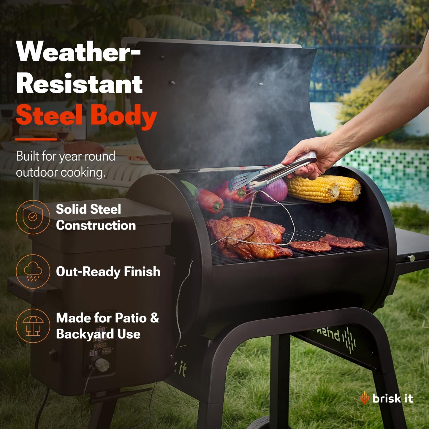 Brisk It Zelos-450 WiFi A.I. Electric Wood Pellet Smoker Grill - Smart Grill With Waterproof Cover– 450 sq.in Cooking Area,7-in-1 Outdoor Grill & Smoker, PID Controller (Up to 500°F), Meat Probe