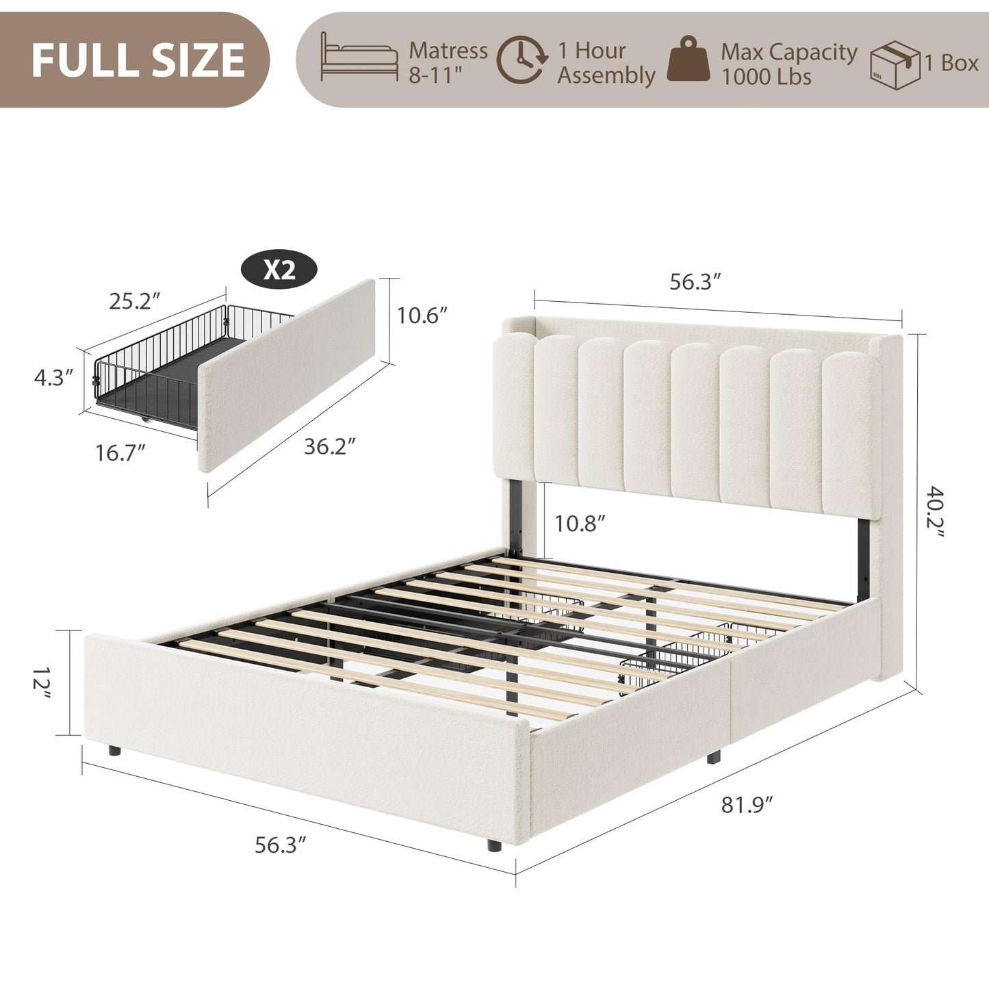 Garvee LED Full Size Bed Frame with Storage Headboard, Kids Bed Frame with 2 Drawers, Boucle Upholstered Platform Bed for Girls, Chic Wavy Headboard with Bookcase, No Box Spring Needed, White
