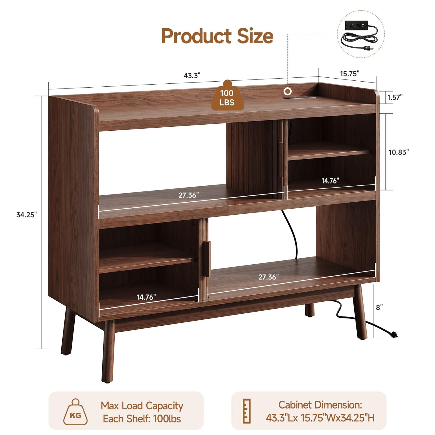 ONBRILL 44" Sideboard Buffet Cabinet with Outlet & 2 Open Storage Spaces, Fluted Sideboard Cabinet with Sliding Door & Adjustable Shelves, Mid-Century Accent Coffee Bar Console Table with Wooden Feet