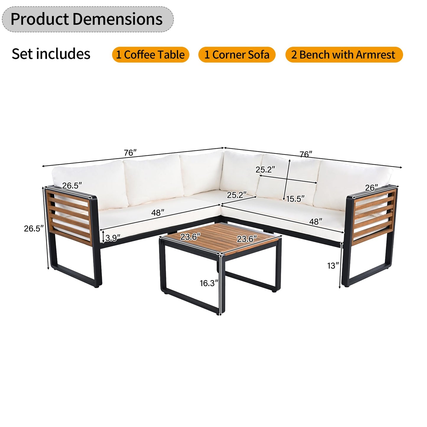 4 Pieces Outdoor Patio Conservation Set, Metal and Wood Frame Sectional L-Shaped Sofa with Soft Cushion and a Coffee Tables for Garden, Backyard, Porch and Deck, Beige