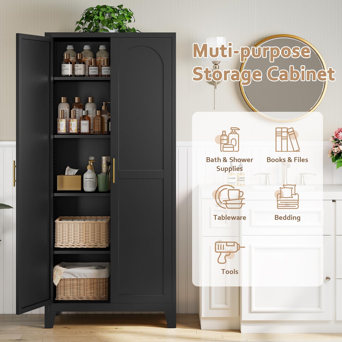 Zevemomo 70.87" H Metal Kitchen Pantry Cabinet, Freestanding Cupboard with 2 Doors and 4 Adjustable Shelves, Tall Metal Storage Cabinet for Kitchen, Bathroom, Dinning Room or Laundry Room （Black）