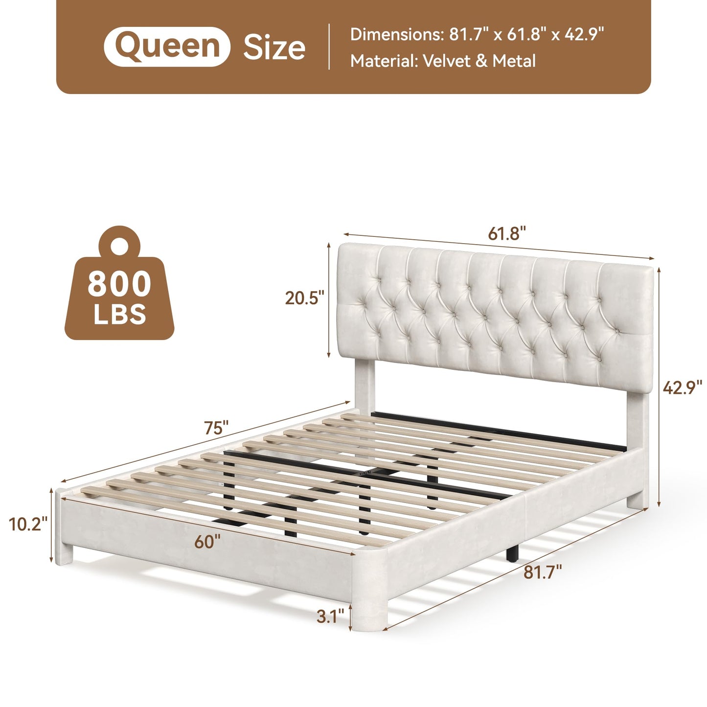 AMICLIBER Queen Bed Frame with Adjustable Headboard, Velvet Upholstered Platform Bed with Button Tufted Design, Solid Wooden Slats, Noise-Free, No Box Spring Needed, Easy Assembly, Beige