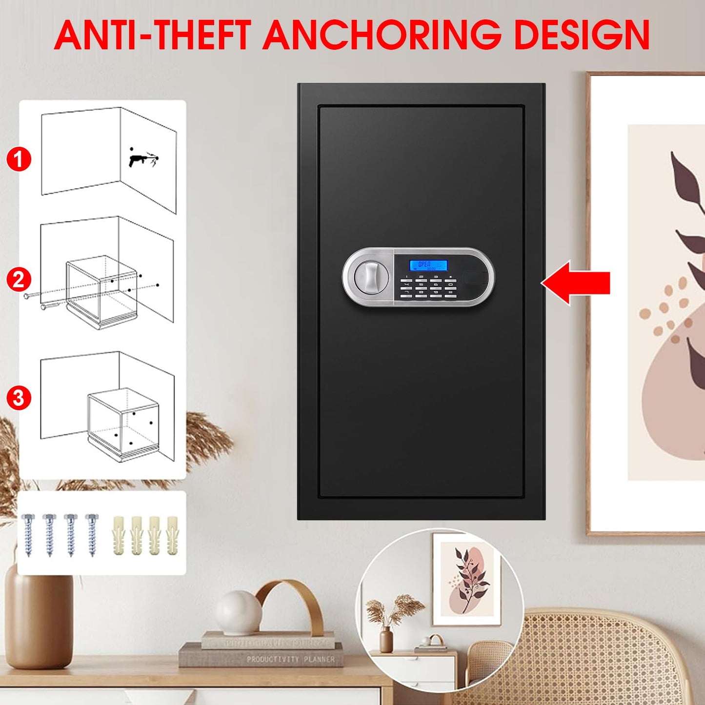 6.0 Cuft Large Fire Proof Safe for Home Documents, Safe Box Fireproof Waterproof with Electronic Keypad, Spare Keys and Alert System, Digital Home Safes Water and Fireproof for Office Money Valuables