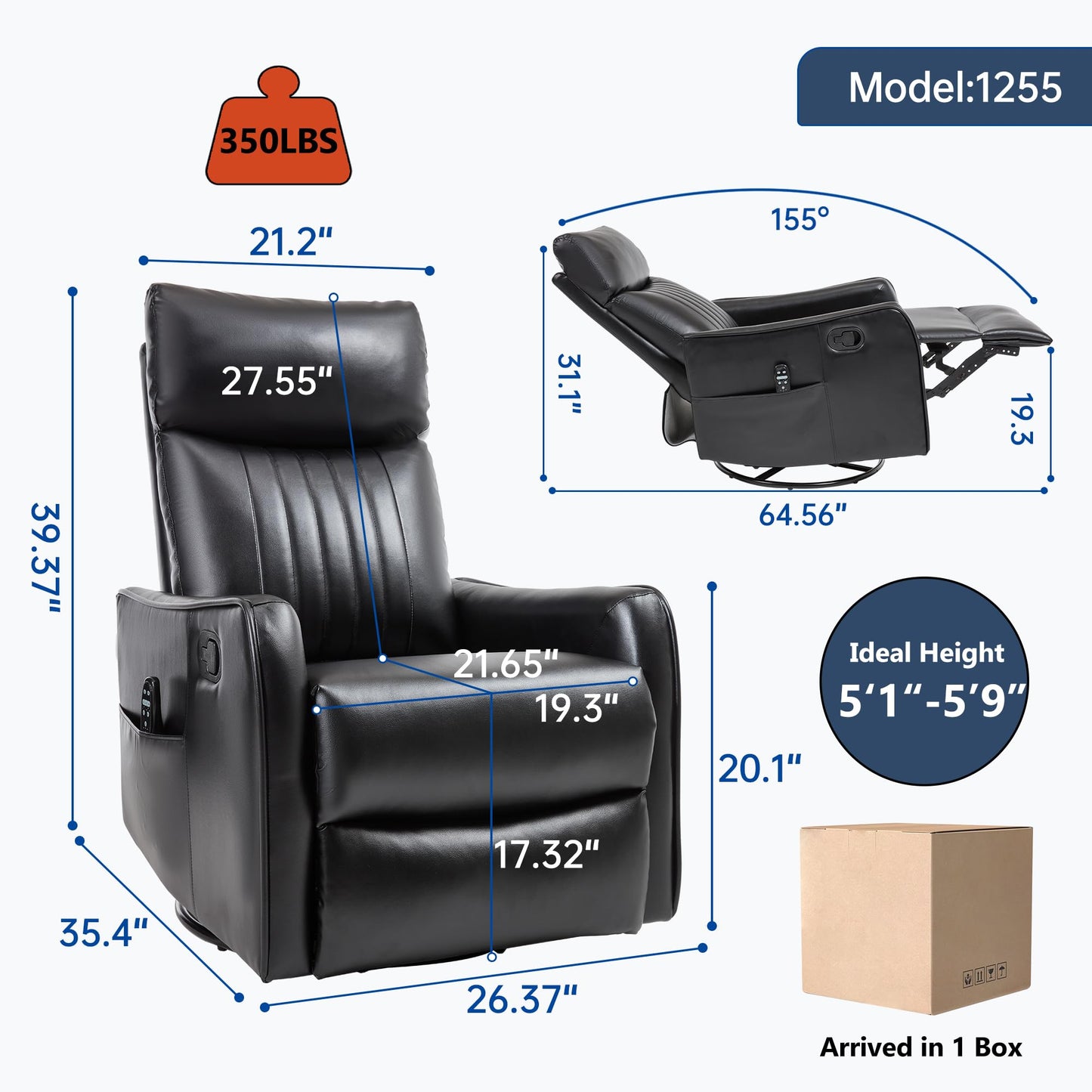 KEIKI 4-in-1 Manual Swivel Rocker Recliner Chair for Living Room, Faux Leather Nursery Glider Rocking Chairs with Back Massager & Heat, Tailored for Quiet Afternoon Tea Relaxation Moments, Black