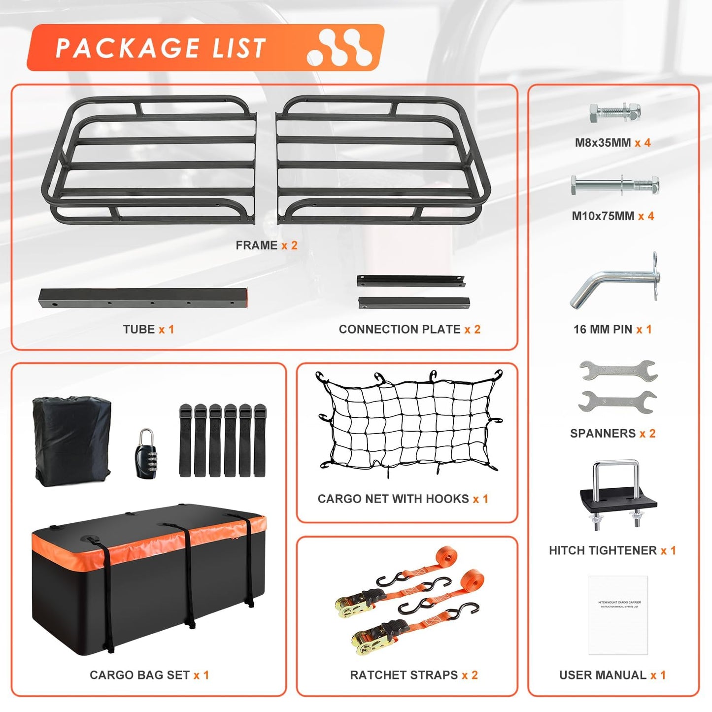 Hitch Cargo Carrier Rack 53"*19"*5" + Waterproof Bag 9 Cu.Ft. (51"*17"*18")
