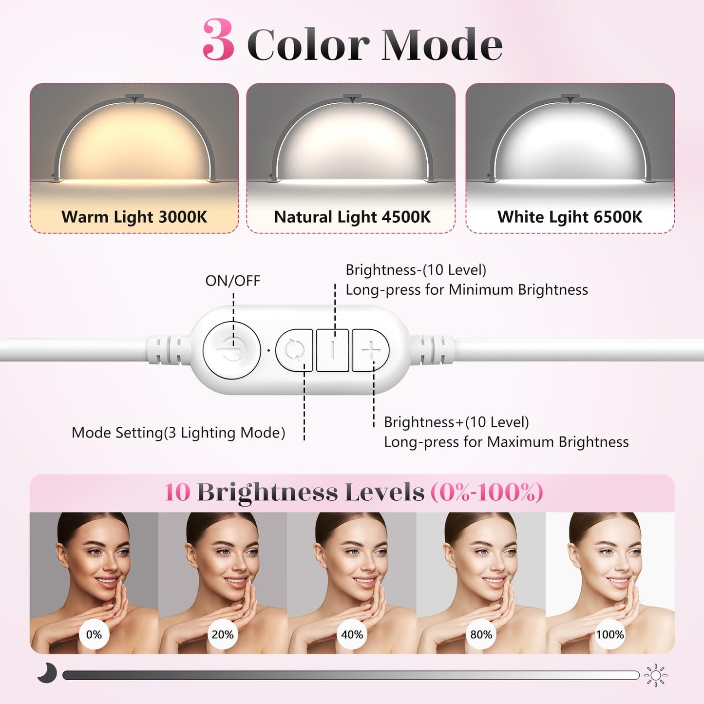 Yokilly Half Moon Desk Lamp with Phone Holder, 29in, Large, Crystal Diamond, 3 Color Modes, 10 Brightness Levels
