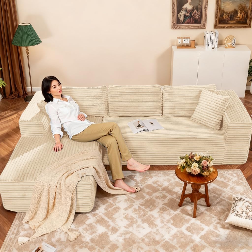 COMHOMA 105”Modular Sectional Sofa with Deep Seat,Cloud Upholstered L-Shape Couch Wide Arms Corduroy Fabric High-Density Foam Chaise Lounge for Living Room No Assembly Required,Beige
