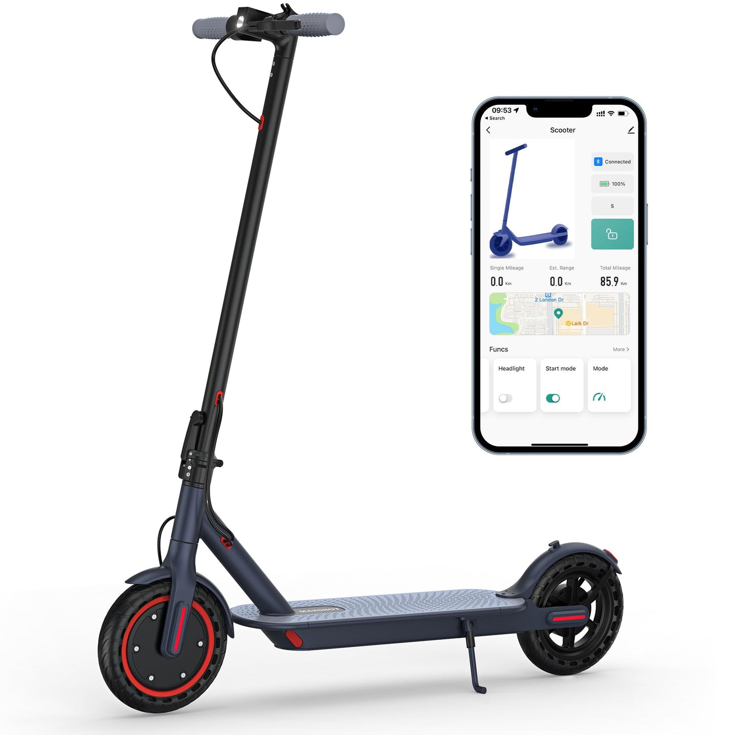 Maxshot Electric Scooter, 8.5" /10" /14" Tire, 16/19/22 Mph Top Speed, 12/16/21/27/28/49/50 Miles Long Range, Folding Escooter for Adults and Kids with Seat Bag, Dual Braking, Dual Suspension, App