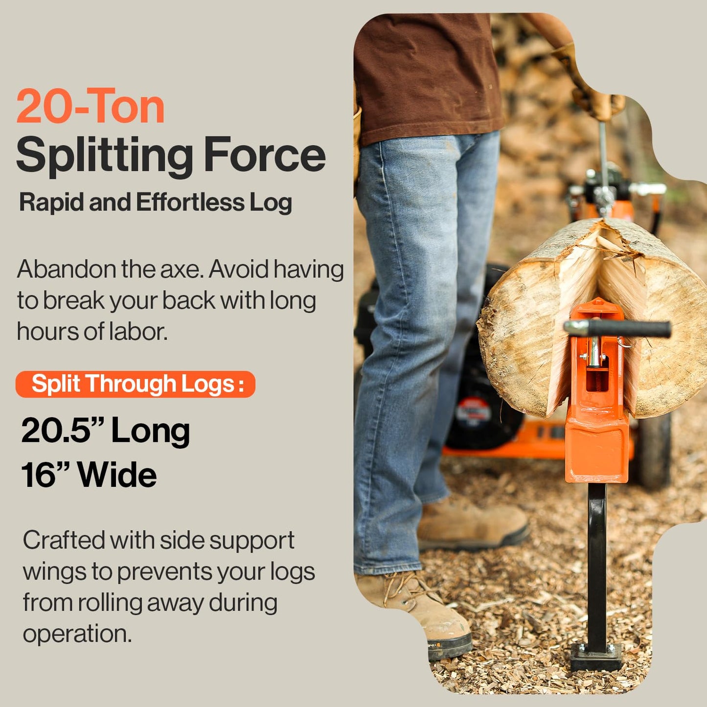 SuperHandy Log Splitter, 20 Ton, Gas Powered 7 HP Engine, Automatic Wood Splitting Wedge Machine, Commercial Quality for Fireplace Burning firewood Supply