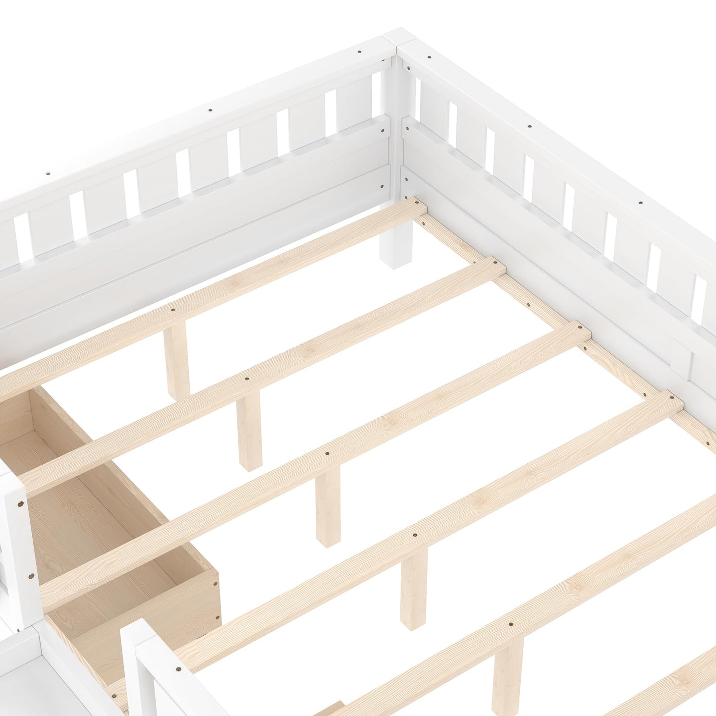 Queen Platform Bed with Storage Drawers and Bookshelves, Kids Platform Bed Frame with Low-profile Stairs and Full-length Guardrails, Queen Bed Frame for Boys, Girls, No Box Spring Needed, White