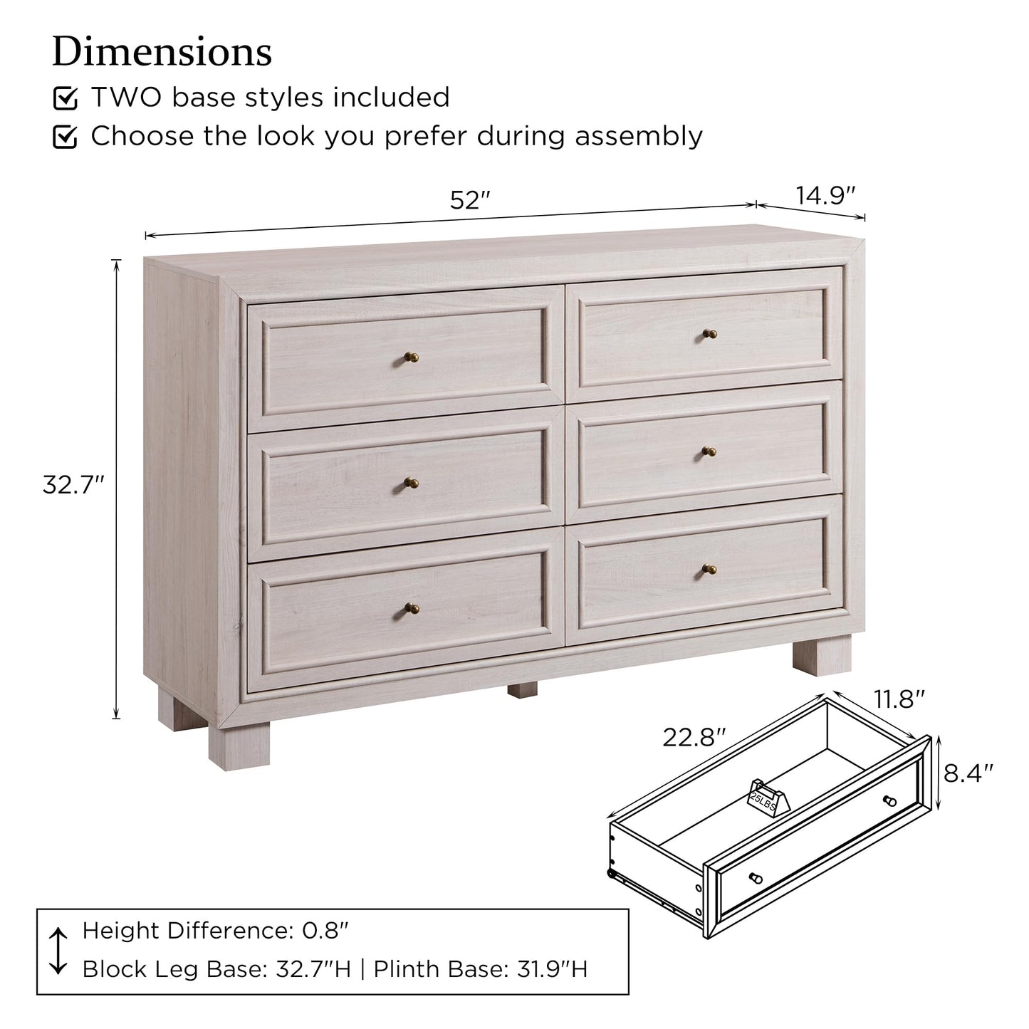 JXQTLINGMU Dresser for Bedroom with 6 Drawers, Two Included Base Styles, 52" Wide Closet Dresser TV Stand w/Storage, Wooden Mid Century Modern Chest of Drawers for Living Room, Hallway, White Alder
