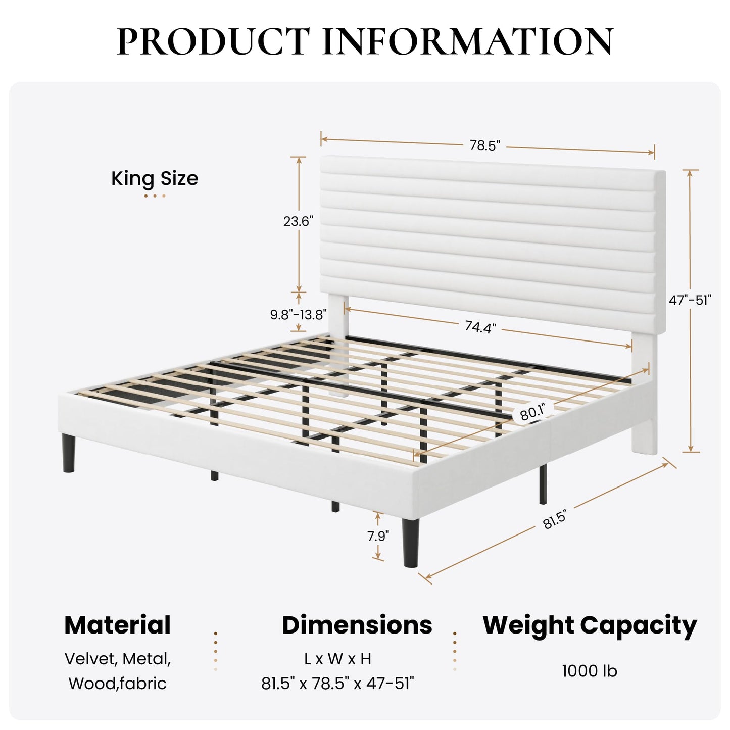 SHA CERLIN King Size Platform Bed Frame with Adjustable Headboard, Velvet Upholstered Bed with Under-Bed Storage, Modern Horizontal Channel Tufted, Wood Slats Support, No Box Spring Needed, White