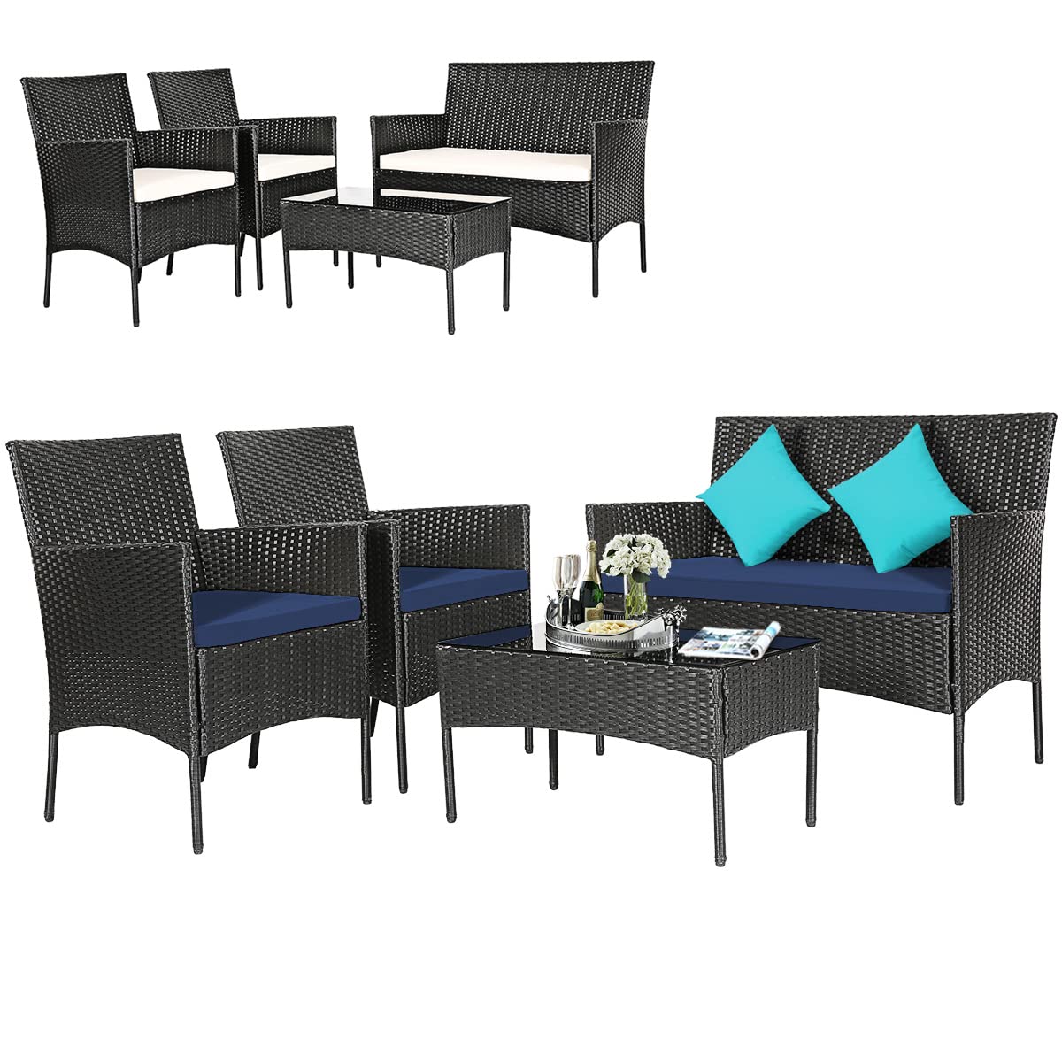 Tangkula 4 Pieces Patio Furniture Set, Outdoor Wicker Conversation Set with Tempered Glass Tabletop, Rattan Sofa and Chairs Set with Off White & Navy Cushion Covers