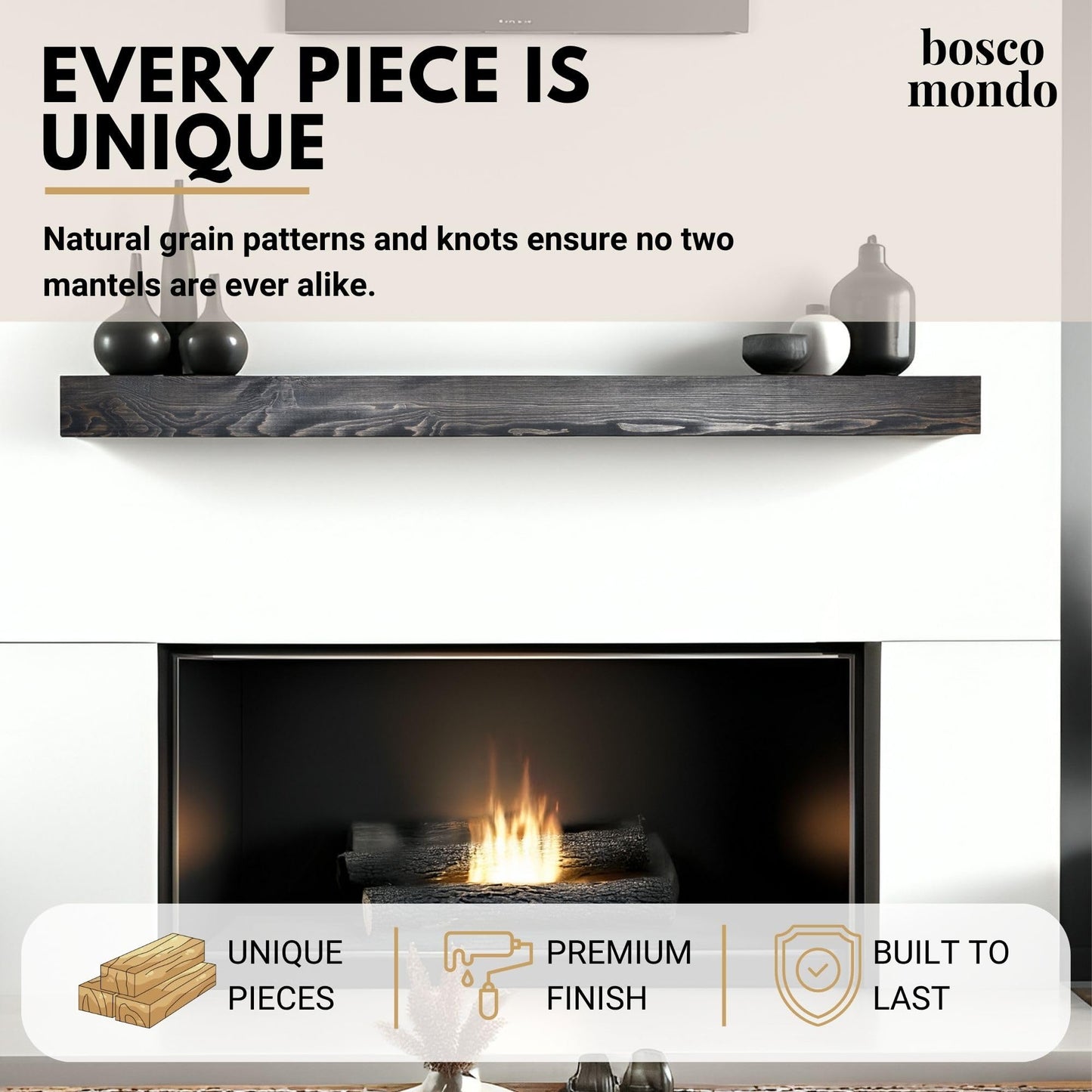 BoscoMondo Solid Wood Fireplace Mantel Shelf, Floating Mantle for Living Room, Farmhouse Rustic Wood Mantel, Easy Wall Mount with Heavy-Duty Metal Bracket (72", Jacobean)