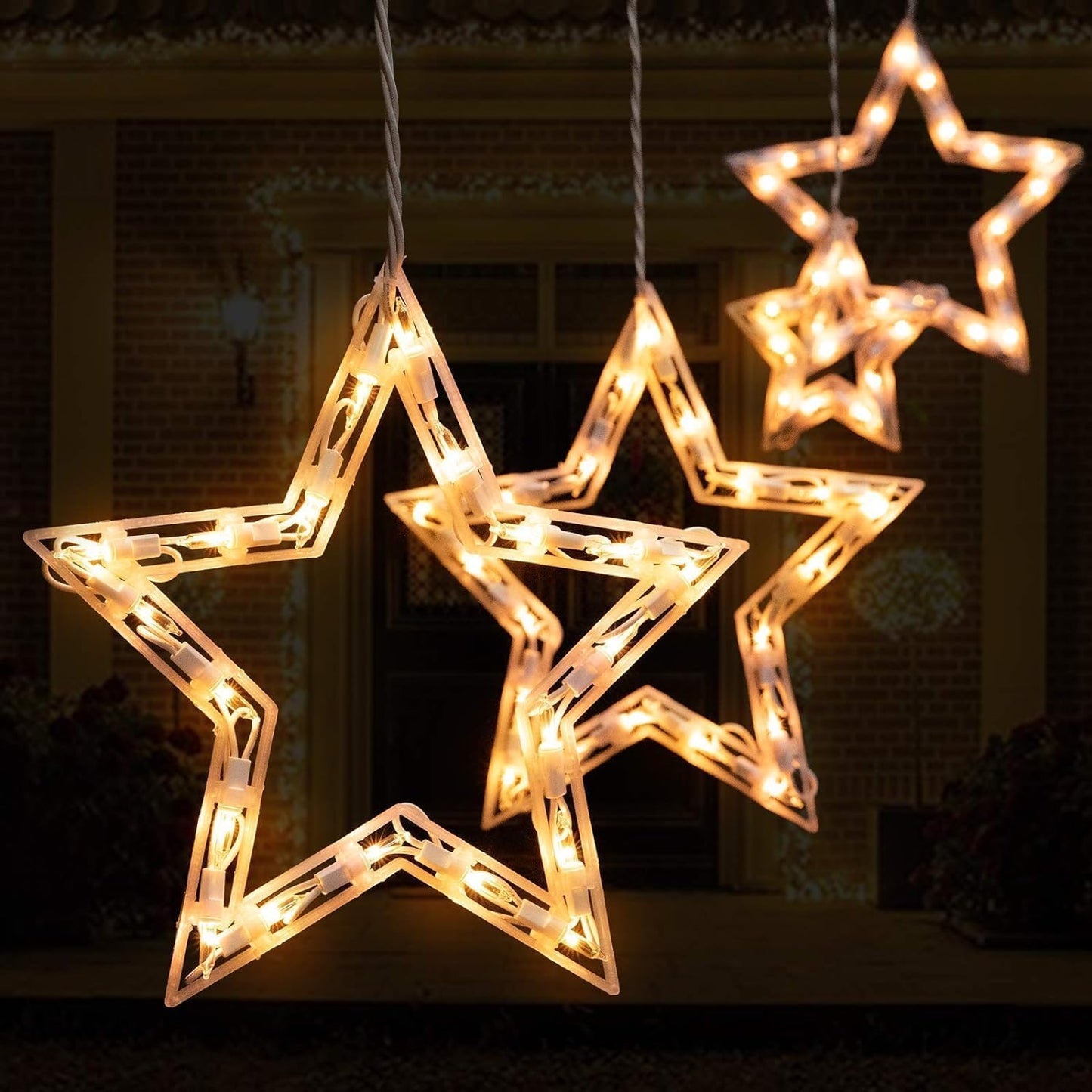 Minetom Christmas Star Window Lights - 13ft Icicle String Lights, 150 Mini Bulbs, 9 Drops, White, Model 39532
