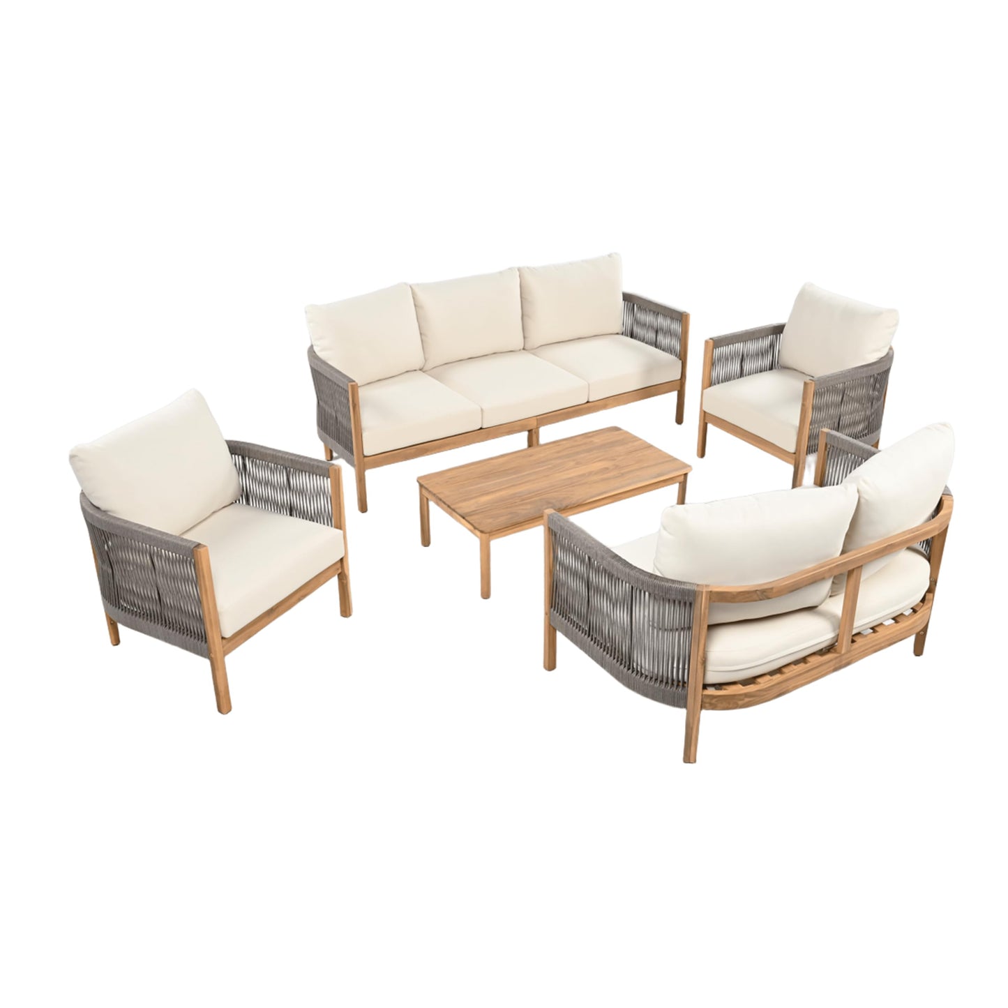 Christopher Knight Home Havets 5 Pieces Outdoor Acacia Furniture Set, Woven Rope Loveseat and Accent Club Chairs, 6" Thick Cushions Sofa and Coffee Table Set for Backyard Garden Balcony, Gray+Beige