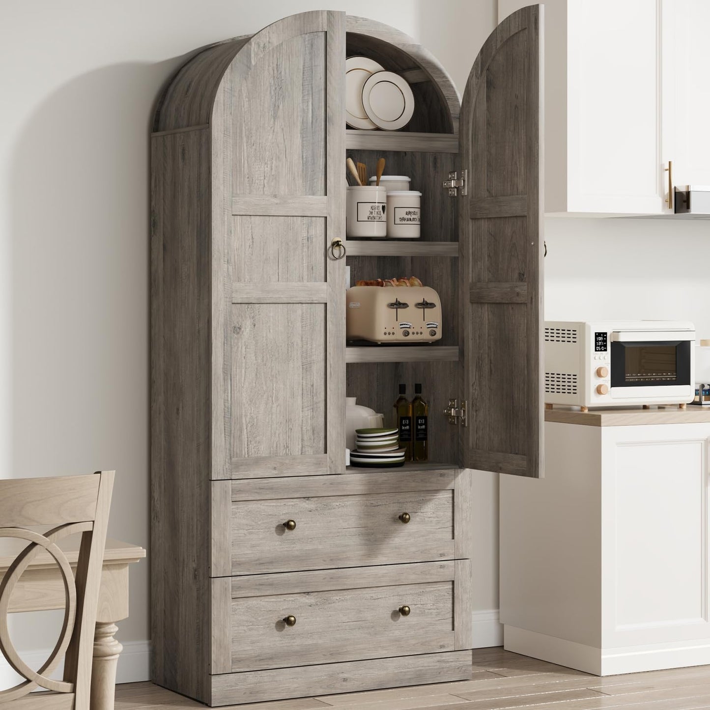 GAOMON 72" Arched Kitchen Pantry Cabinet, Wooden Freestanding Storage Cupboard with Doors, Drawers & Adjustable Shelves, Versatile Farmhouse Pantry for Dining and Living Room, Rustic Gray