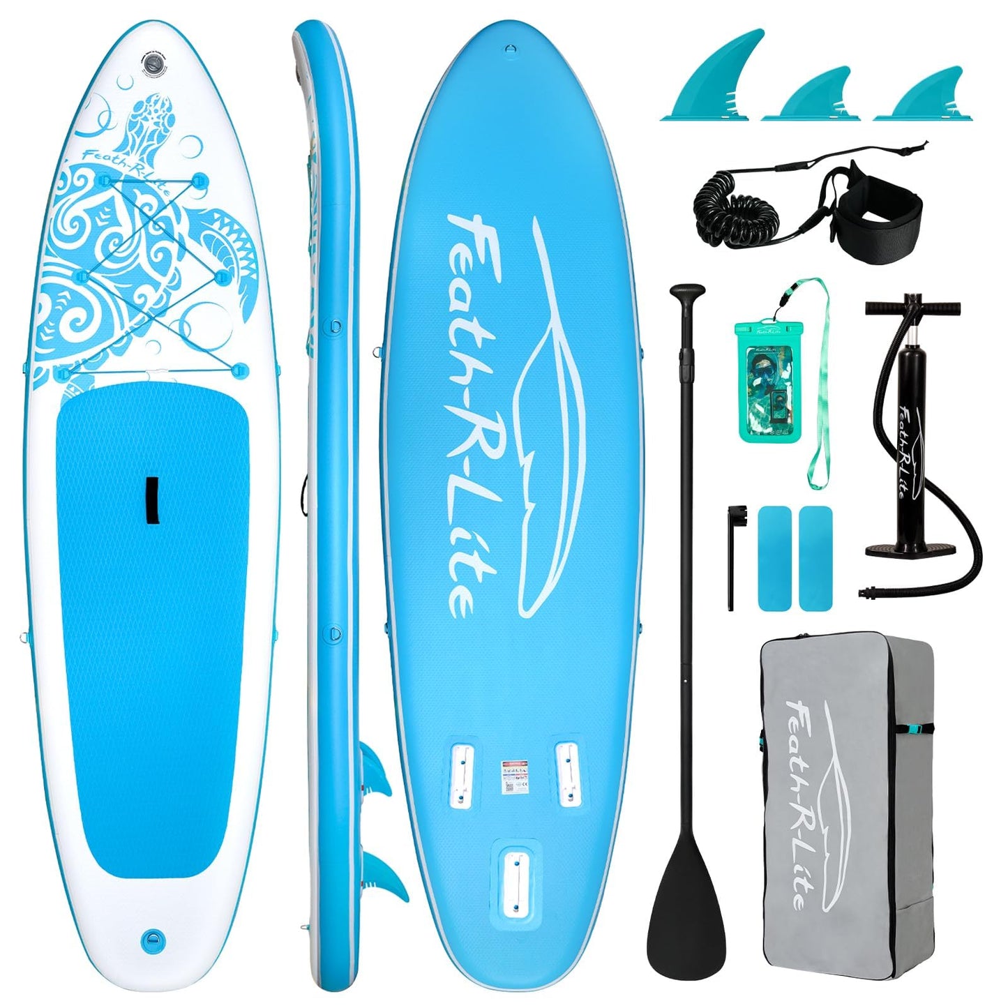 FEATH-R-LITE Inflatable Paddle Board Stand Up Paddleboards for Adults SUP with Premium Accessories Pump, Adjustable Paddle, Leash, Three Fins, Backpack (Light Blue)